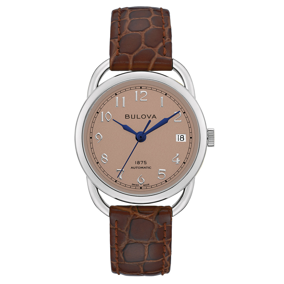 The Bulova Commodore Joseph Bulova Automatic 34mm Watch, a limited edition of just 350 pieces, features a round silver case, a beige dial with blue hands, and Arabic numerals. It also includes a date display at the 3 o'clock position and comes with a brown leather strap featuring a crocodile pattern. Part of the Joseph Bulova Collection, this wristwatch is crafted by Bulova to be both elegant and timeless.