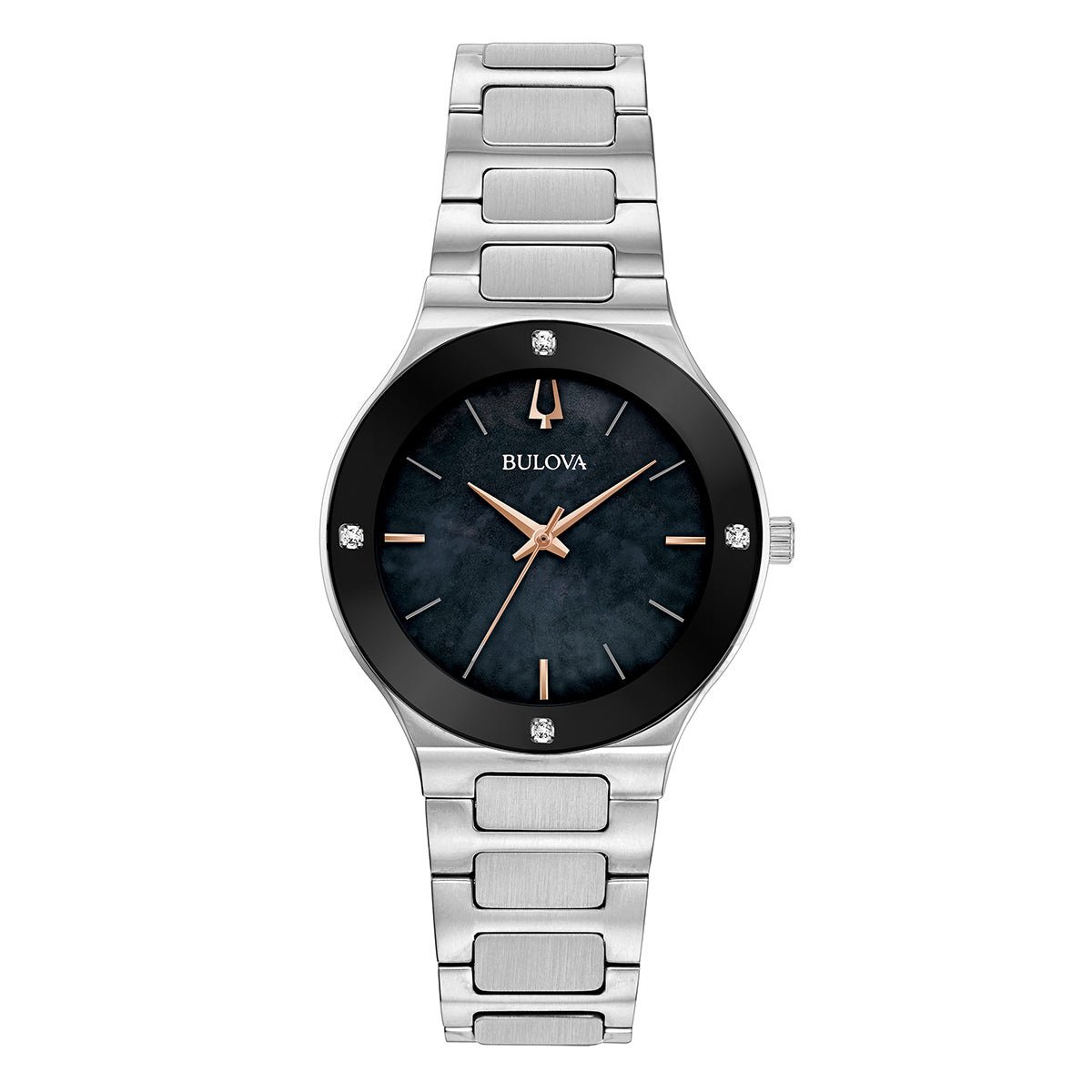 The Bulova Millennia Modern Quartz 32mm Watch is a sleek timepiece featuring a stainless steel case and band, a black round face with minimalist hour markers, rose gold-toned hands, and diamond accents at each quarter hour.