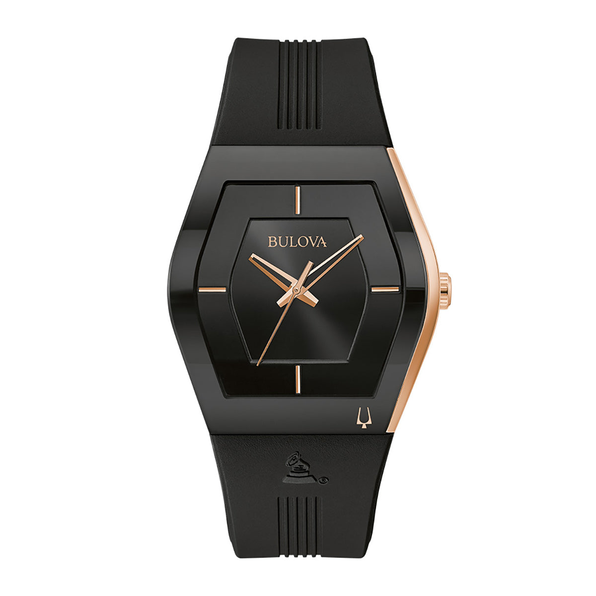 Introducing the Bulova Latin Grammy Gemini Quartz 40.5mm Watch, featuring a black and rose gold-toned rectangular case. This elegant timepiece boasts a black dial with gold hour markers and hands, complemented by a chic black silicone strap adorned with a small logo design near the bottom.
