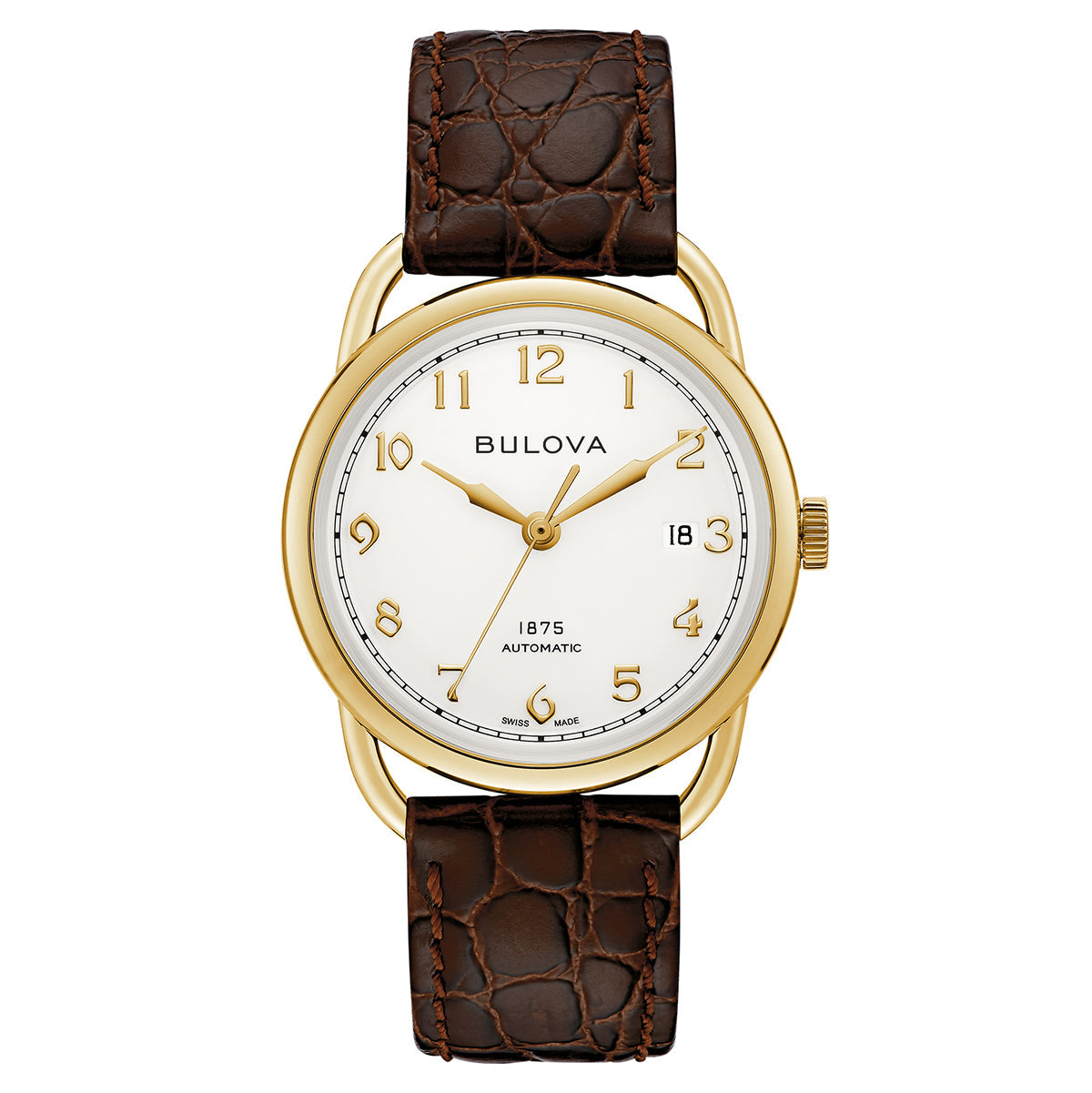 The Bulova Commodore Joseph Bulova Automatic 38.5mm Watch, a limited edition of 350 pieces, features a gold case with a white face and brown leather strap. It displays Arabic numerals and has a date window at 3 o'clock. "Bulova" and "1875 Automatic" are elegantly inscribed on the watch face, showcasing its Swiss-made automatic movement.