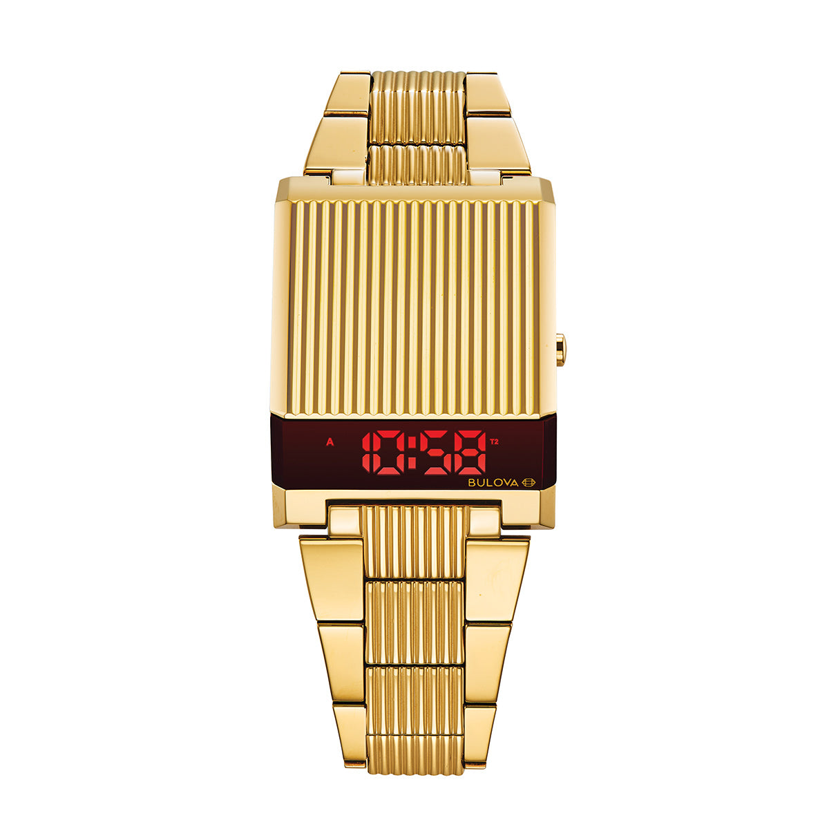 The Bulova Computron Quartz 31mm Watch features a gold-tone stainless steel design with a digital LED display on its rectangular face. Both the band and watch face have a vertical ridged pattern, displaying red digital numbers reading "12:59" alongside the Bulova brand name, highlighting its unique style.