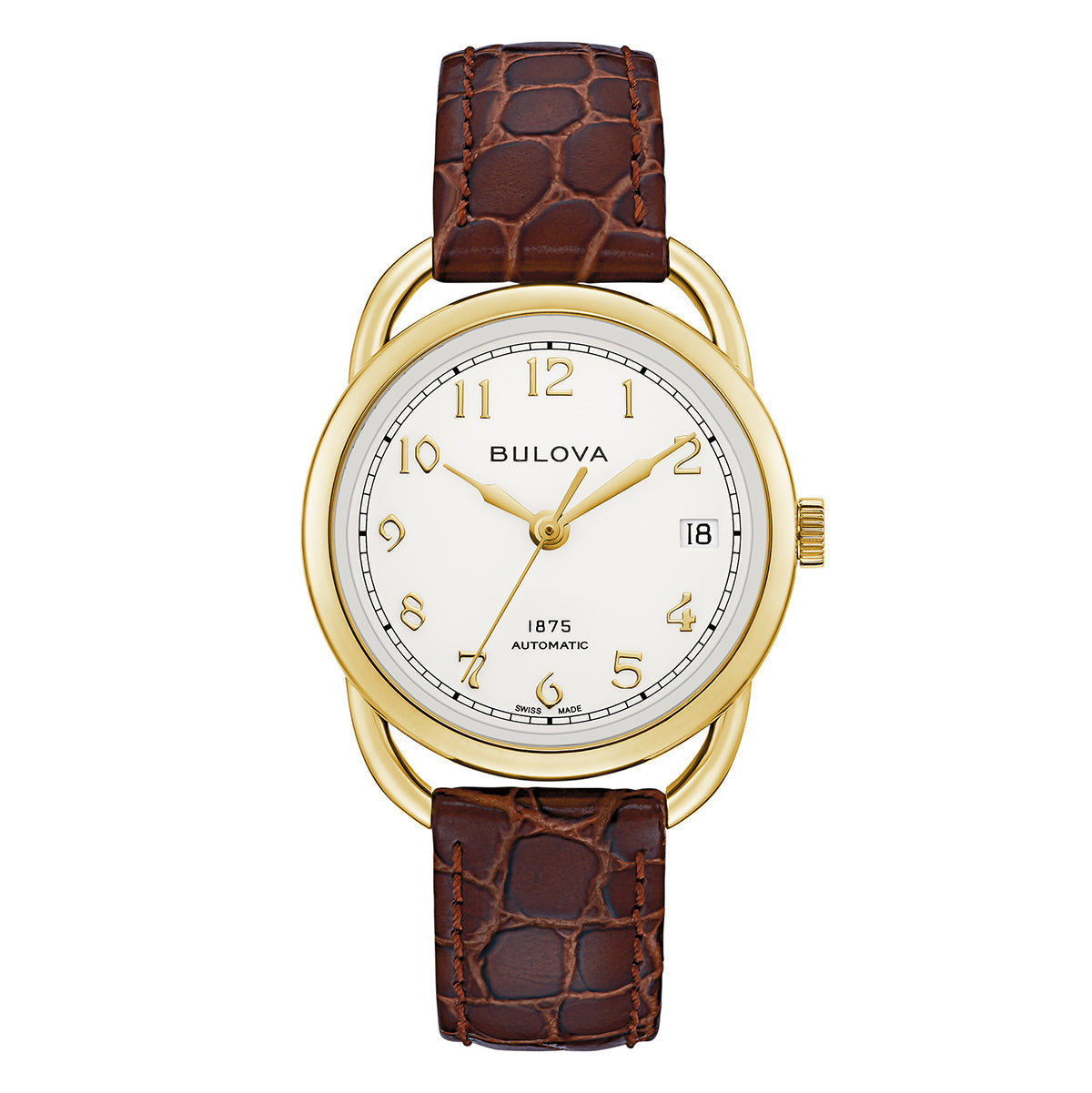 This Bulova Commodore watch from the Joseph Bulova Collection showcases a gold-toned round face adorned with Arabic numerals and a date function positioned at 3 o'clock. Its brown leather strap features a crocodile-skin pattern, and this limited edition timepiece prominently displays the "1875 Automatic" text on its dial. Available in only 350 pieces, it measures 34.4mm in diameter.