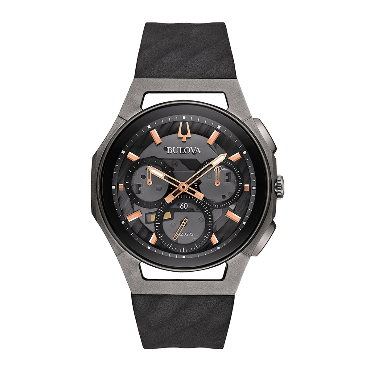 The Bulova CURV Quartz 44mm Watch is a men's timepiece that boasts a sleek black and rose gold design, featuring high-performance quartz technology. Its round face includes multiple subdials, paired with a black leather strap and a modern metal casing.