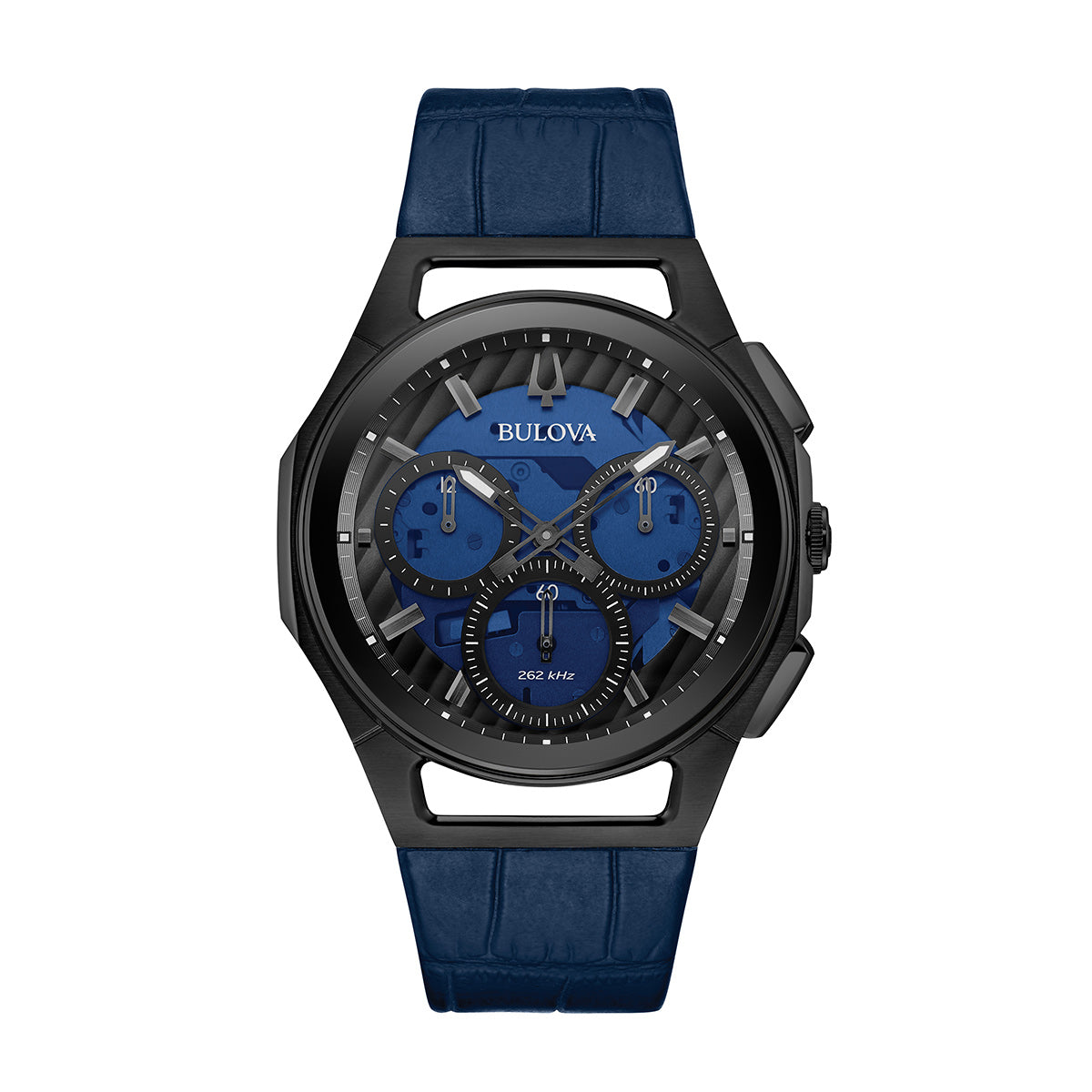 The Bulova CURV HPQ Quartz 44mm Watch features a sophisticated black case paired with a blue dial and blue leather strap. It includes three subdials, silver-toned hour markers, and high-performance quartz movement, highlighted by the iconic Bulova logo and an engraved "262 kHz.