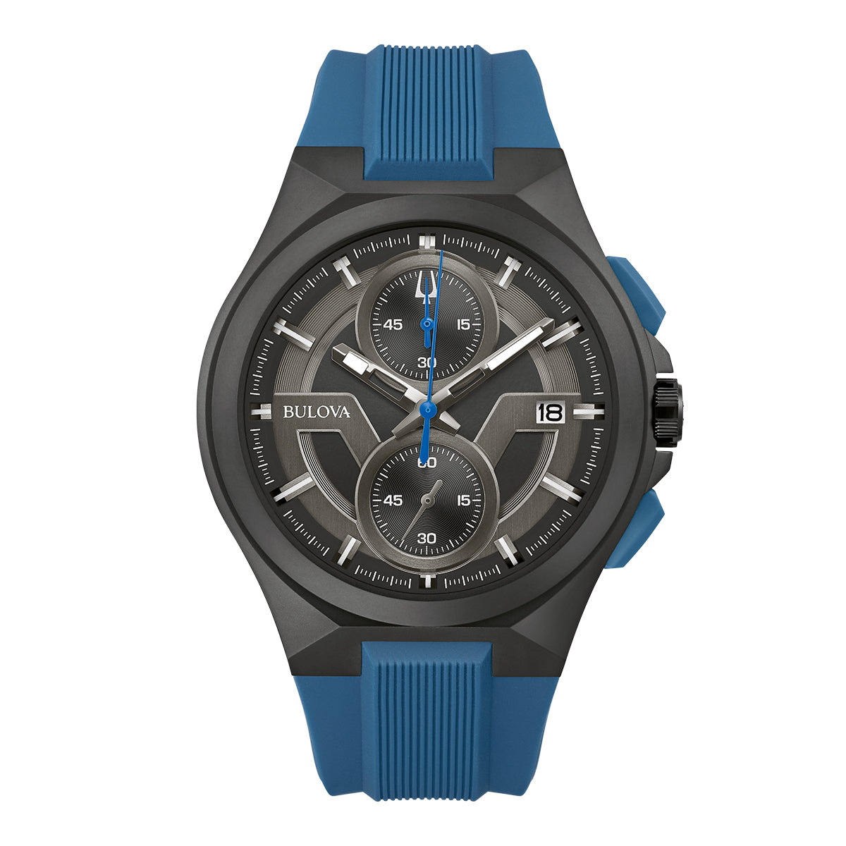 Presenting the Bulova Maquina Quartz 46mm Watch, a sporty men's timepiece showcasing a black case paired with a striking blue rubber strap. This chronograph watch features a black dial adorned with silver indices, blue accents, three sub-dials, and incorporates a date window located at the 3 o'clock position.