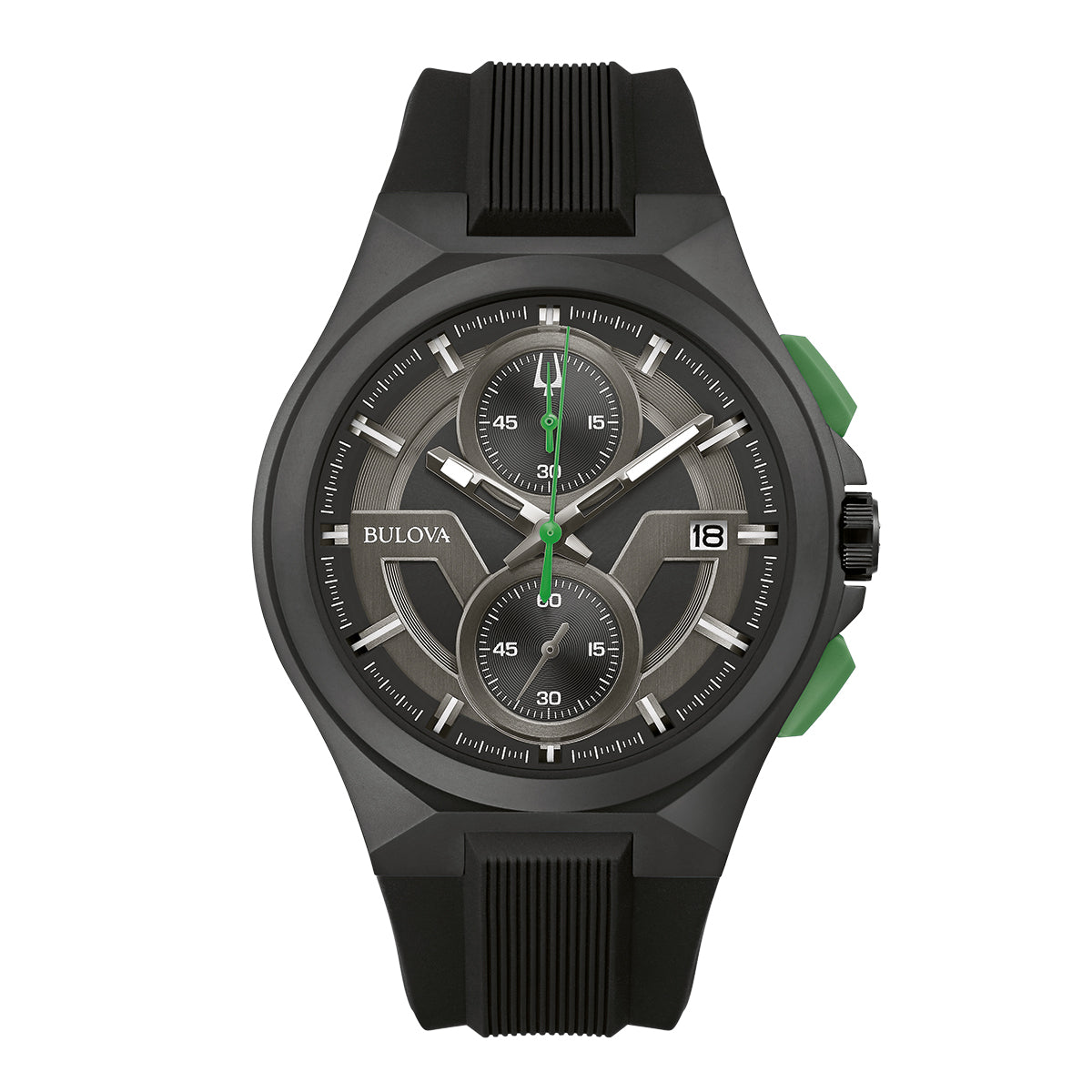 The Bulova Maquina Quartz 46mm Watch, from the renowned brand Bulova, is a striking black chronograph timepiece featuring a dark gray dial with three subdials. It showcases silver hour markers and green accents on the hands, complemented by a green pusher. The watch also includes a date display at 3 o'clock and is finished with sapphire crystal and a black textured strap.