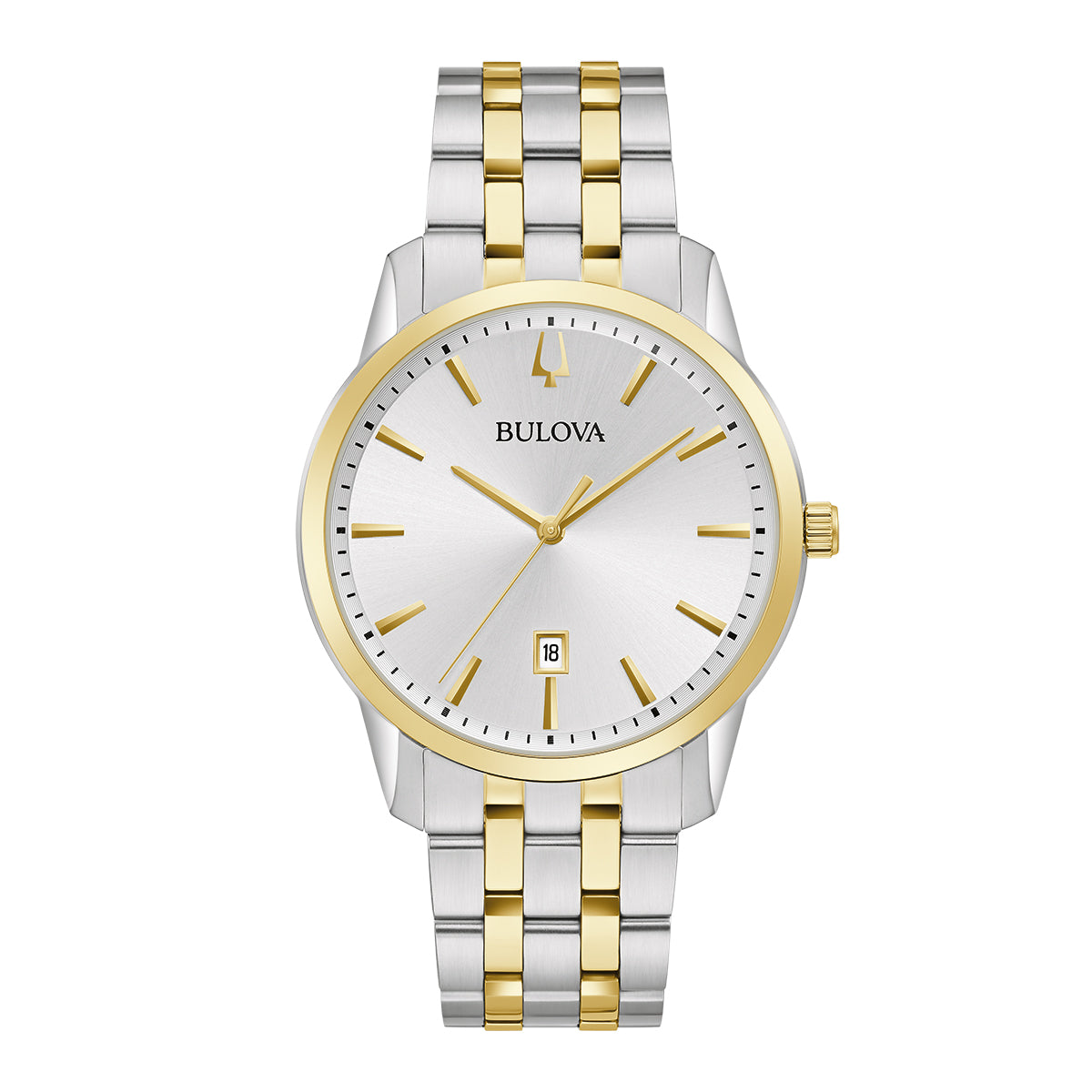 The Bulova Sutton Classic Quartz 40mm Watch features a captivating two-tone design with a silver and gold metal band. Its round silver dial is gracefully embellished with gold hour markers and hands, complemented by a small date window at the 6 o'clock position. Ideal for the discerning gentleman.