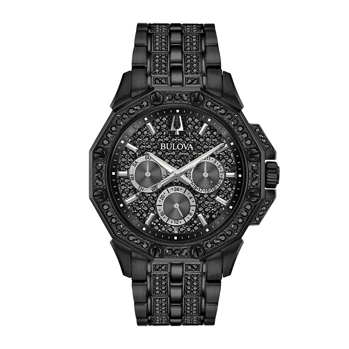 Presenting the Bulova Octava Quartz 41.5mm Watch, a sophisticated accessory that combines elegance and utility. It showcases a black textured dial with three sub-dials and is adorned with shimmering Swarovski Crystals on the dial and band. The stainless steel band boasts a glossy finish, making this watch an exquisite choice for any occasion.