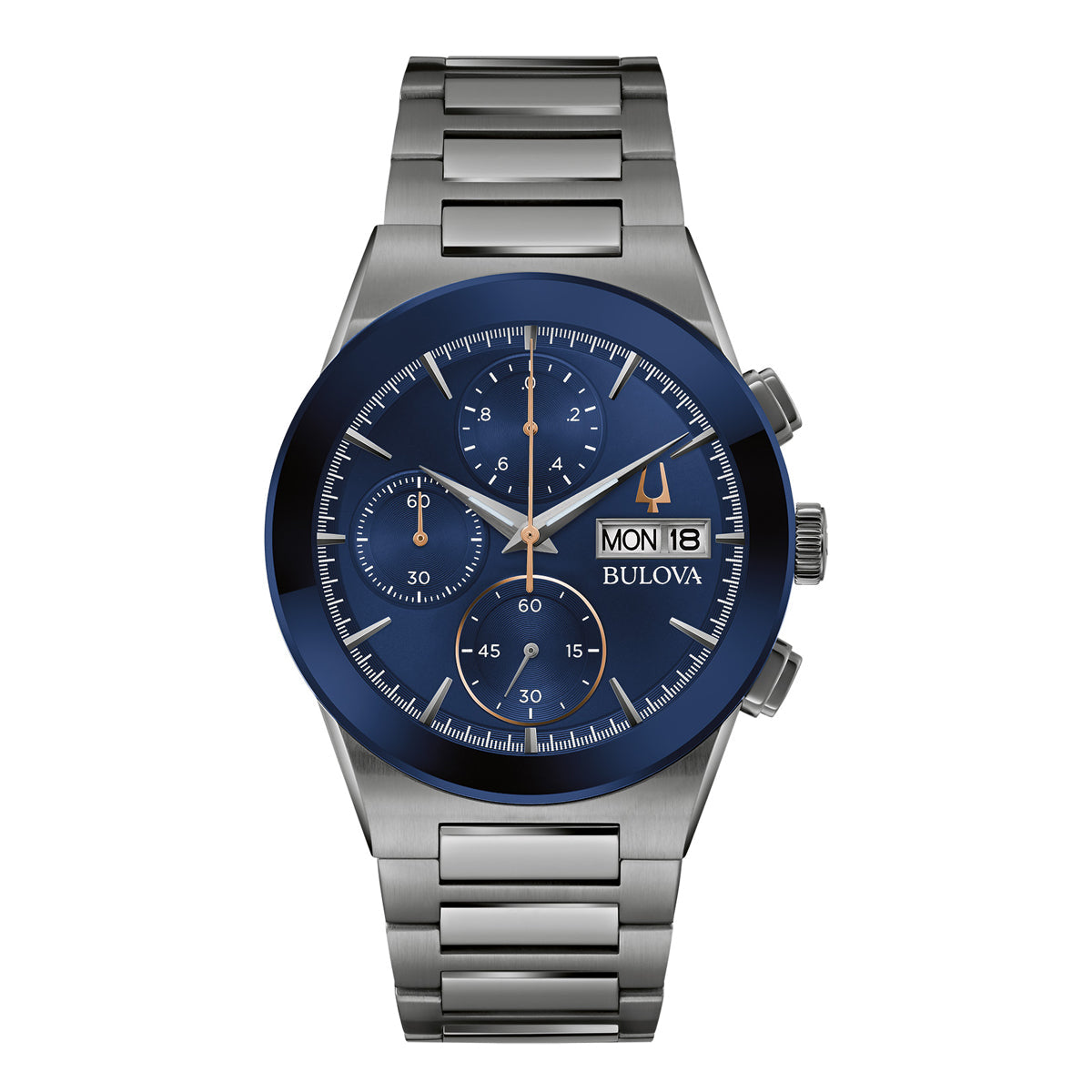 The Bulova Millennia Quartz 41mm Watch is a stainless steel chronograph timepiece with a blue dial that includes three subdials, a day-date display, and silver hands. Its blue bezel enhances the polished metal finish of the bracelet, while the Bulova brand name is prominently displayed on the watch face.