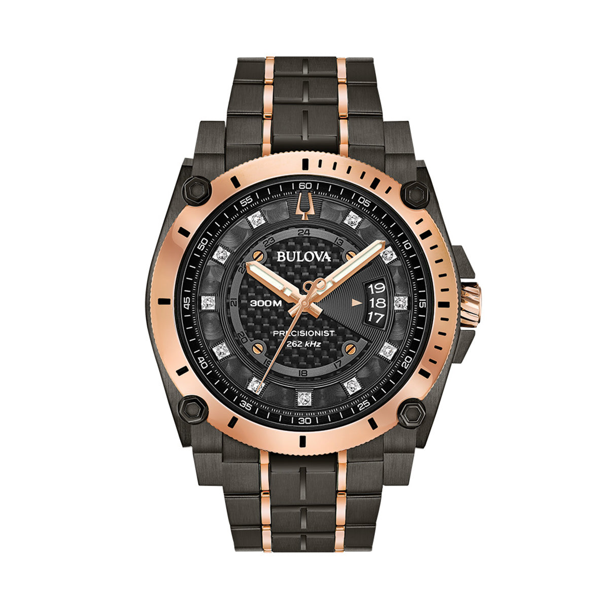 The Bulova Icon HPQ Quartz 46.5mm men's watch features a large round face with black and rose gold-tone accents, complemented by a sleek black metal strap. This model showcases multiple subdials and markers, enhanced by the three-prong quartz crystal Precisionist movement, offering water resistance up to 300 meters.