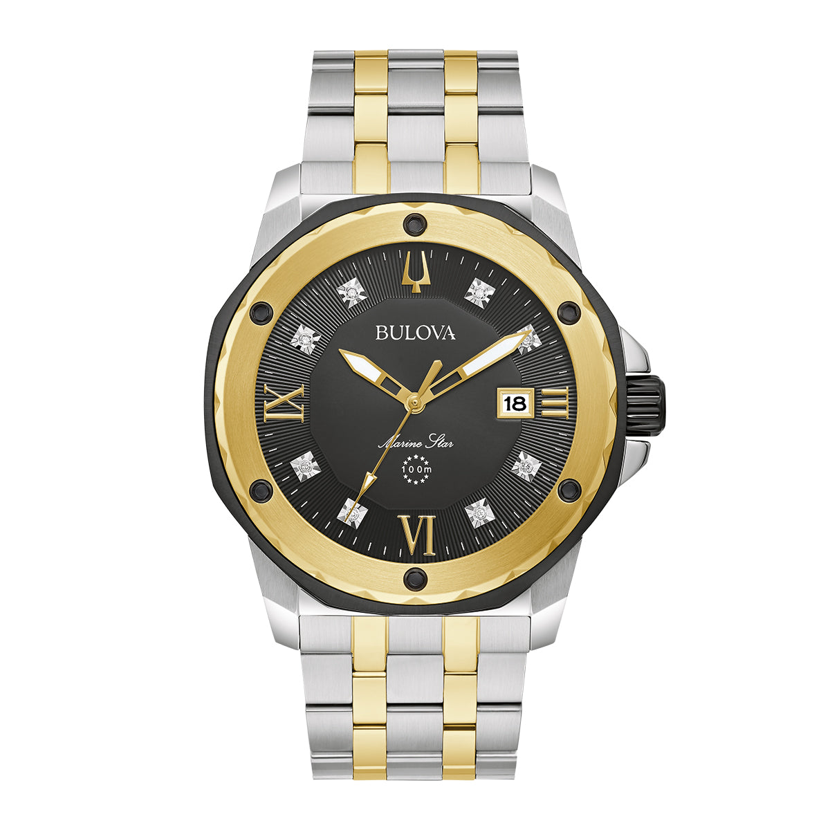 The Bulova Marine Star Series A Quartz 44mm Watch boasts a stylish two-tone silver and gold stainless steel strap. Its black dial is elegantly designed with Roman numerals, gold accents, and a date window at 3 o'clock, all beautifully highlighted by a striking gold bezel.