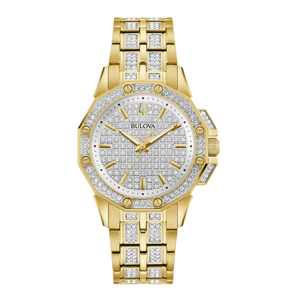Introducing the Bulova Octava Quartz 34mm Watch, a luxurious ladies' dress timepiece featuring a gold metal band with intricate detailing. The watch face is embellished with crystals and showcases elegant gold hands and markers. Sparkling crystals adorn the bezel and links, adding to its glamorous appeal in the crystal collection.