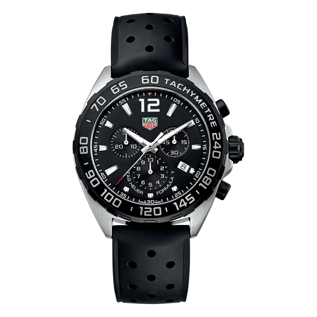 The TAG Heuer Formula 1 Chronograph Quartz 43mm Watch by TAG Heuer features a bold black dial with three subdials, a tachymeter bezel, and a sporty black perforated rubber strap. Built for adventure, this striking timepiece also offers 200-meter water resistance.