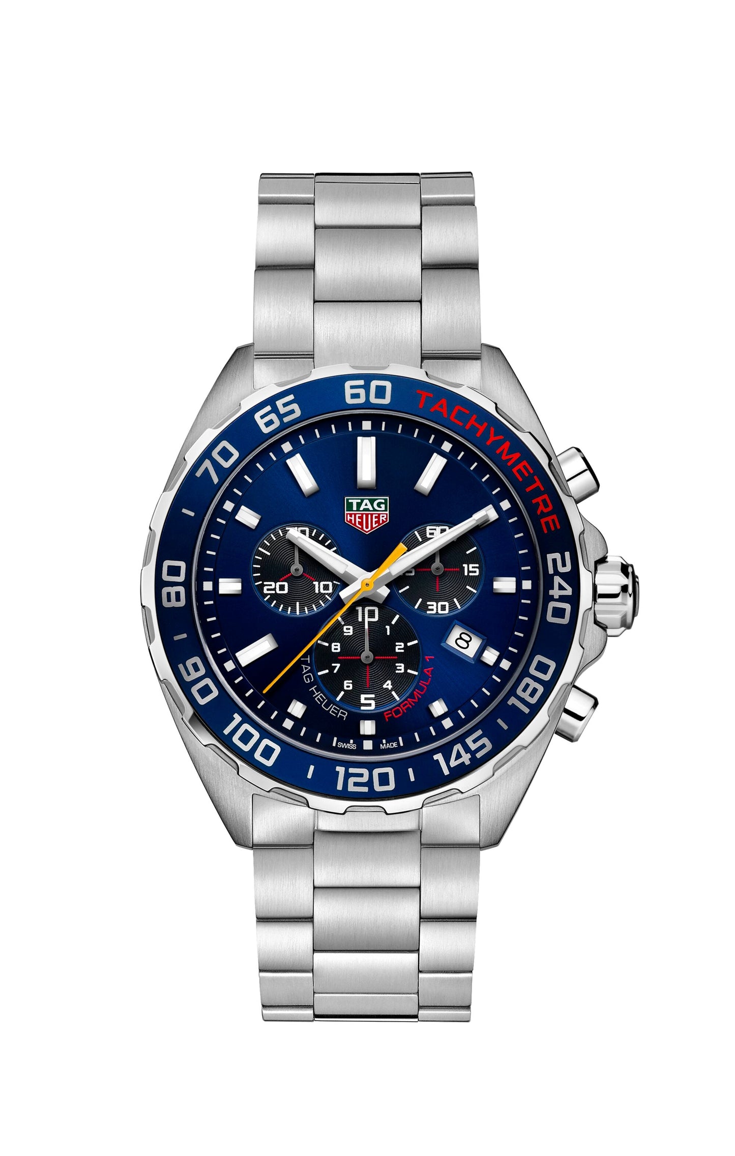 TAG Heuer Formula 1 Chronograph Quartz 43mm watch featuring a silver stainless steel bracelet, a blue tachymeter bezel, blue dial with three subdials, date window, and silver hour markers.