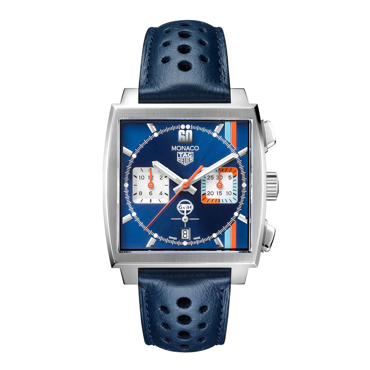 The TAG Heuer Monaco Chronograph x Gulf Special Edition Automatic 39mm Watch features a square case, blue dial with striking orange and light blue stripe, two white subdials, a date window at 6 o’clock, and a perforated blue leather strap. This TAG Heuer timepiece honors motorsport heritage through its unique design details.