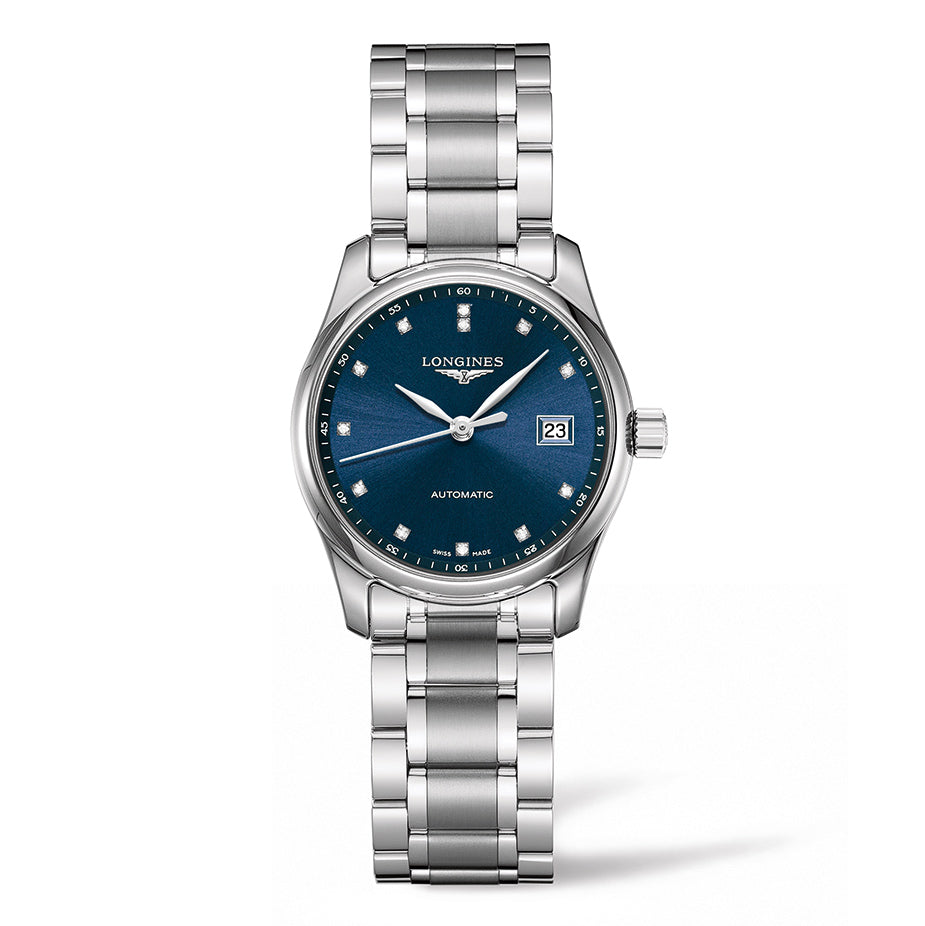 The Longines Master Collection Automatic 29mm Watch exemplifies precision and elegance with its dark blue face and silver stainless steel design. It features silver hour markers and hands, alongside a date display positioned at 3 o'clock. The polished, linked bracelet beautifully reflects the traditional watchmaking craftsmanship associated with the Longines brand.