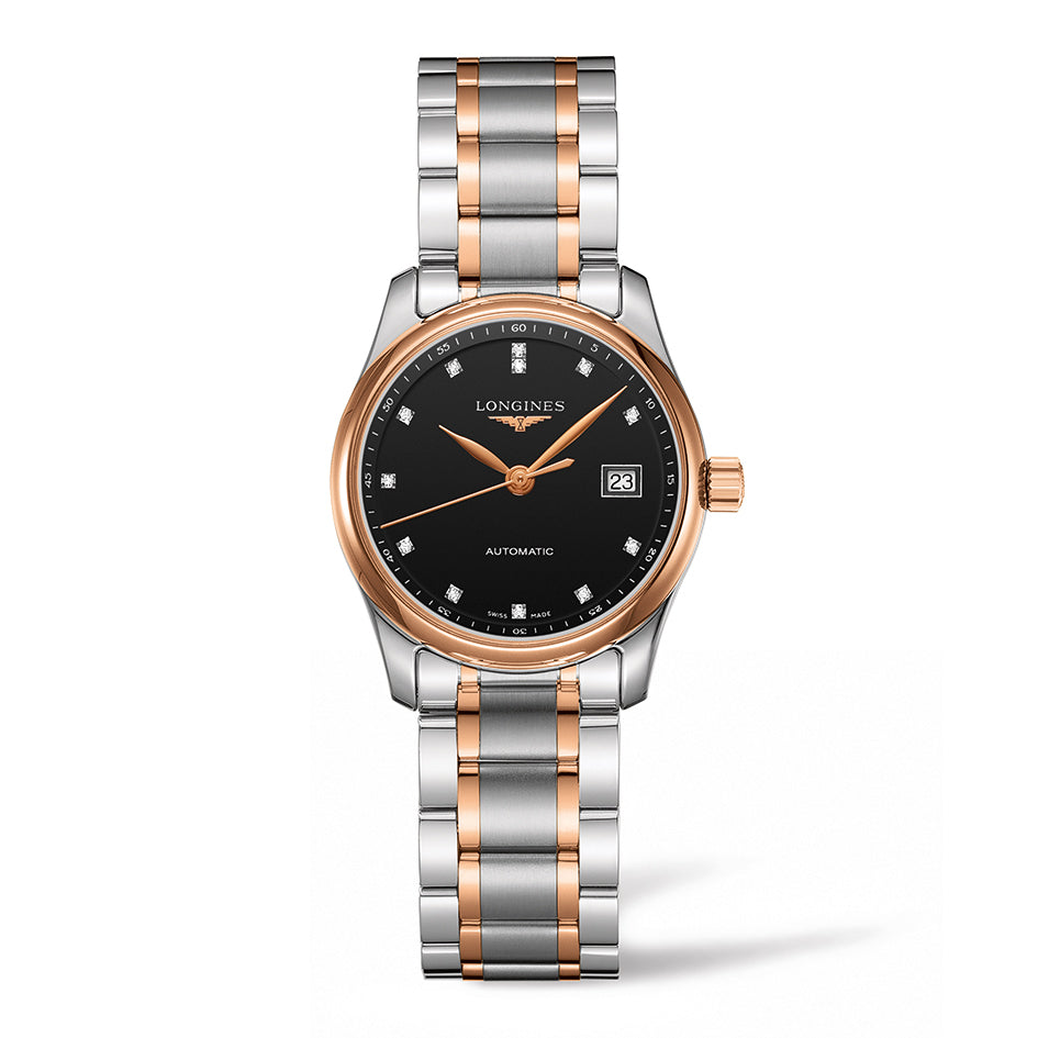 The Longines Master Collection Automatic 29mm Watch exemplifies luxury with its two-tone silver and rose gold metal strap. Its black dial is adorned with diamond hour markers, gold hands, and a date window at 3 o'clock, underscoring the art of fine watchmaking with its self-winding movement.