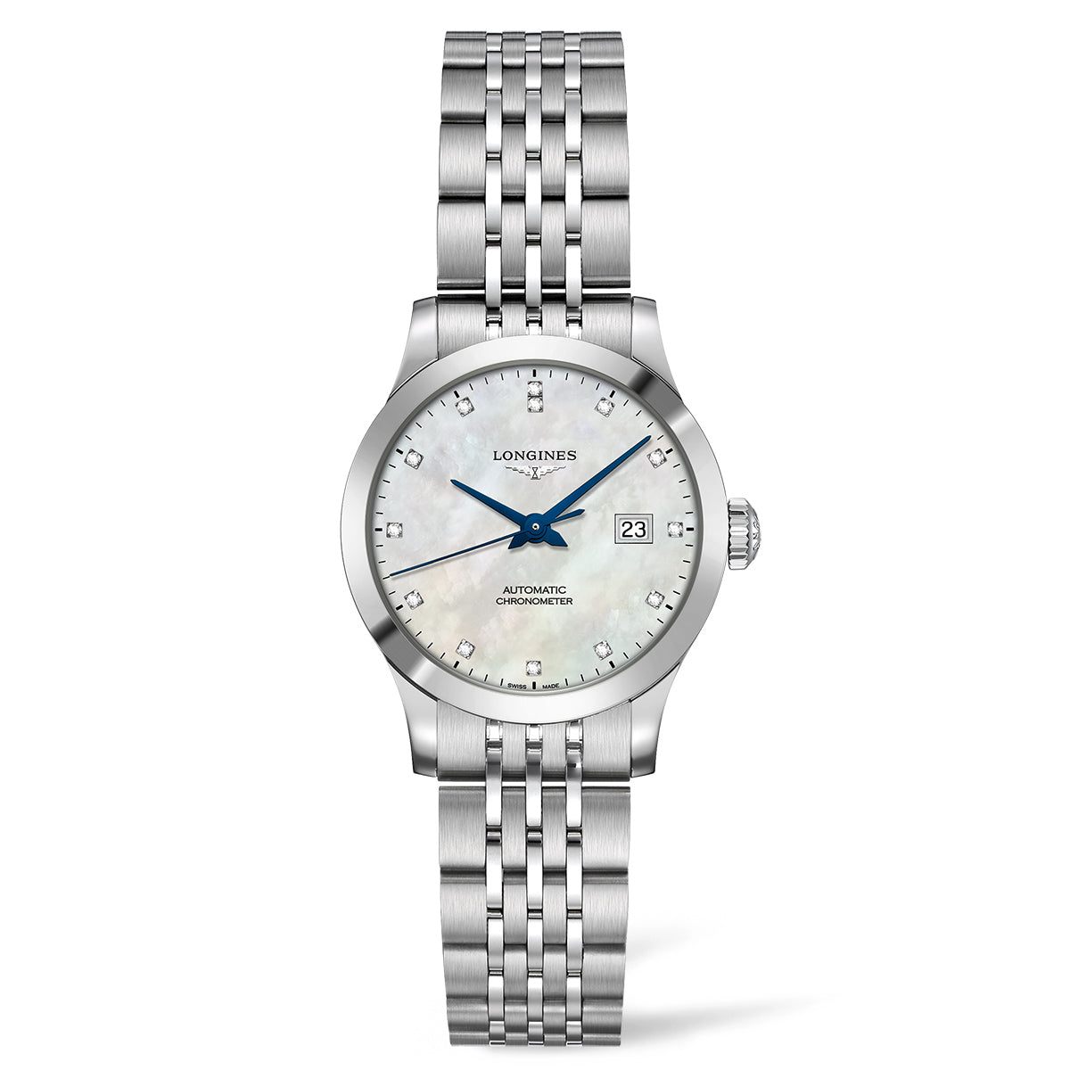 The Longines Record Automatic 30mm Watch is a stainless steel timepiece by Longines that features a linked bracelet. It is designed with a mother-of-pearl dial, blue steel hands, and a date display at the 3 o'clock position, complemented by silver hour markers. Enhanced with a silicon balance spring, this watch exemplifies both precision and elegance.