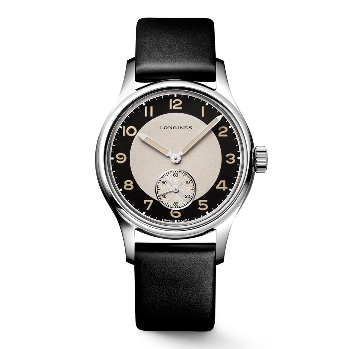 Indulge in the timeless elegance of the Longines Heritage Classic Automatic 38.5mm Watch. This exquisite timepiece from Longines showcases a sleek silver case and features a sophisticated black leather strap. Its two-tone face is adorned with large Arabic numerals in black set against an off-white background, while a small second dial adds a touch of refinement at the six o'clock position.