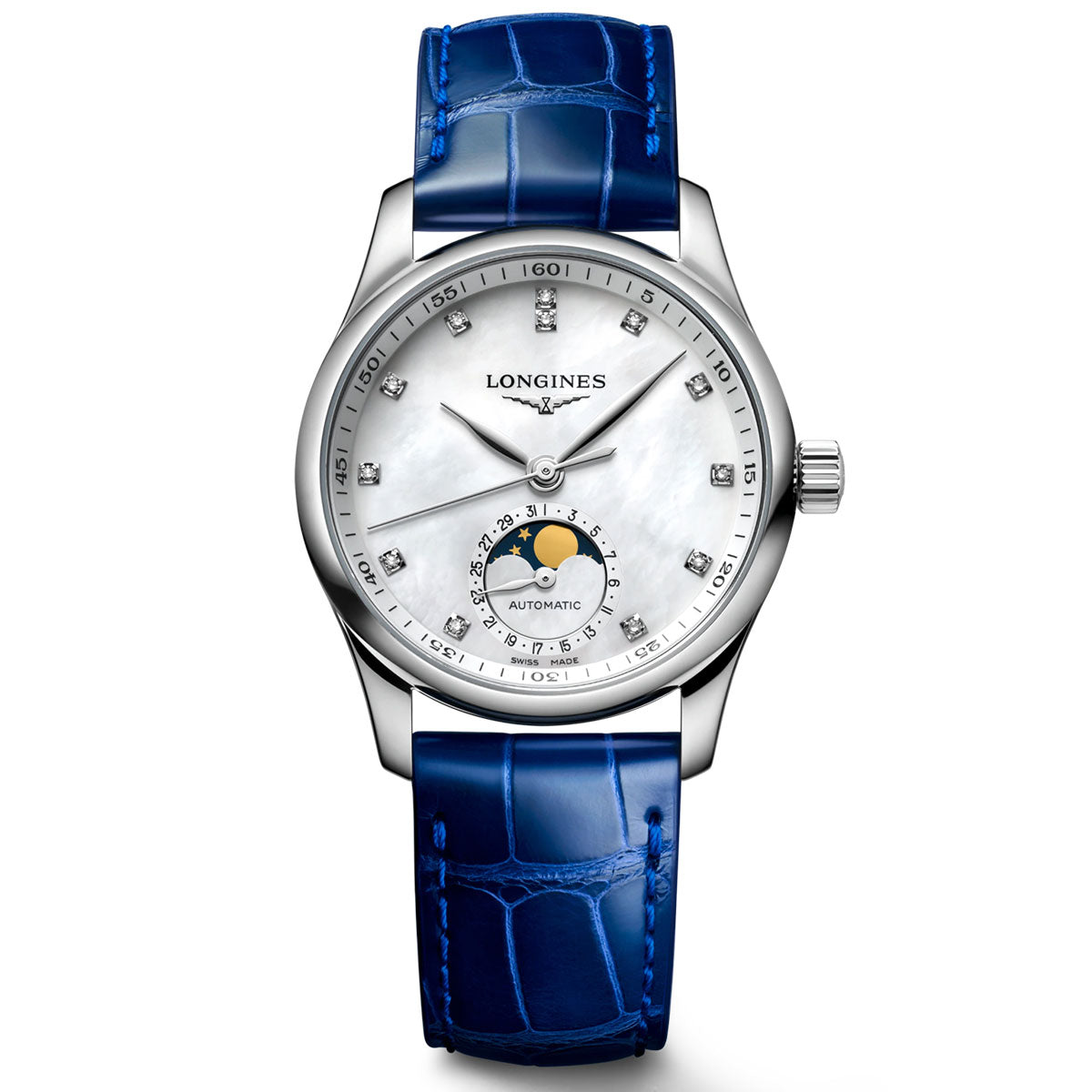 Indulge in the sophisticated design of the Longines Master Collection Automatic Moonphase 34mm Watch. Featuring a stainless steel case, blue leather strap, and white dial, this luxury timepiece includes diamond hour markers, a date display, a moon phase complication above 6 o'clock, self-winding movement, and scratch-resistant sapphire crystal.