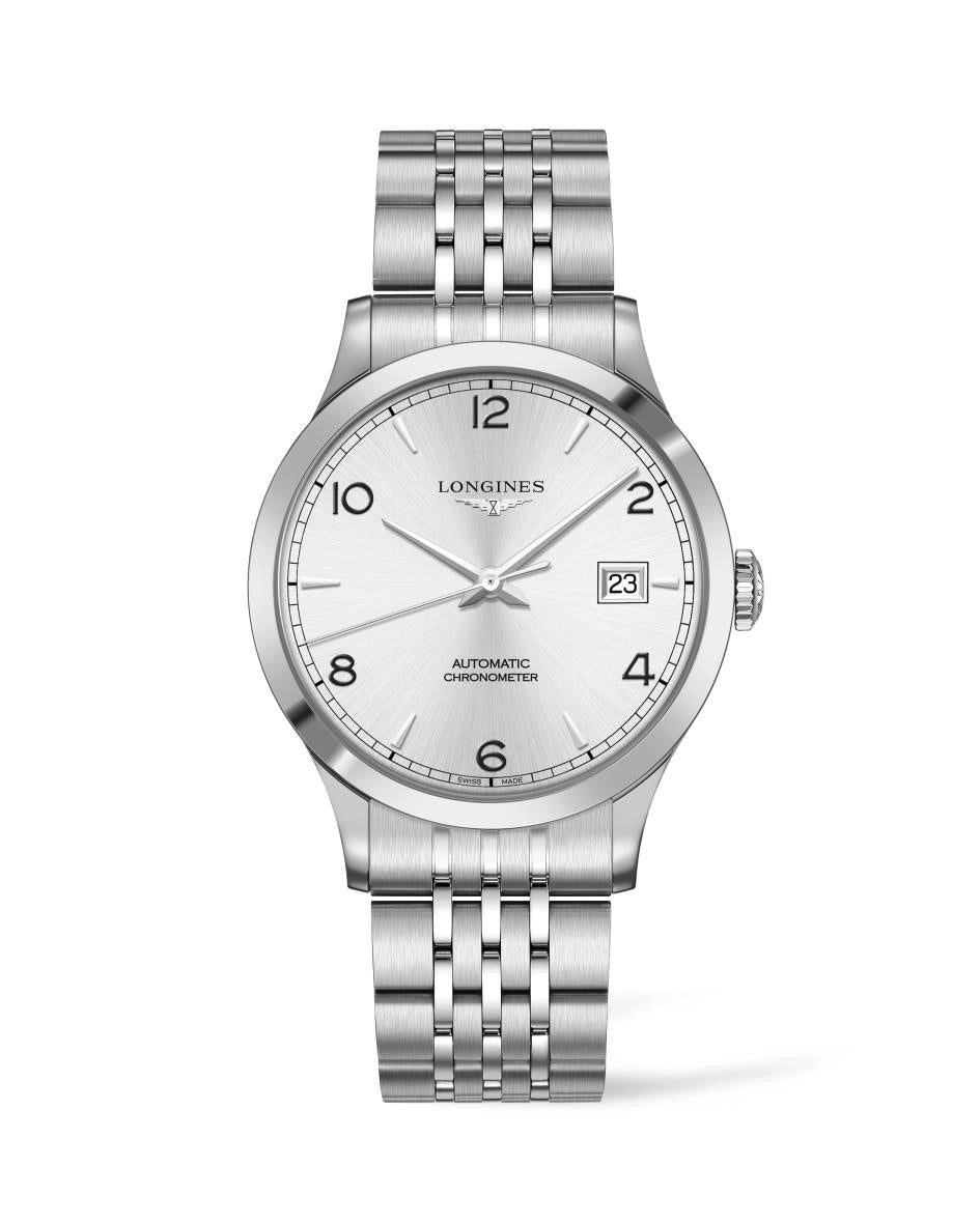 Experience the timeless sophistication of the Longines Record Automatic 40mm Watch, featuring a stainless steel bracelet. This exquisite timepiece offers a minimalist design with black hour markers, a date window at 3 o'clock, and proudly displays its chronometer certification on the dial.