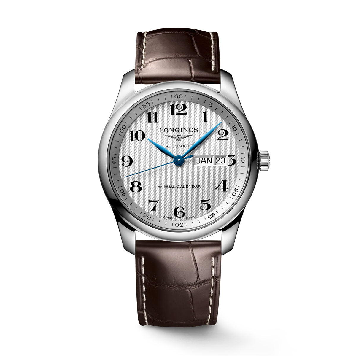 The Longines Master Collection Automatic 40mm Watch features a silver-tone aesthetic paired with a brown leather strap and a textured white dial. It elegantly showcases black Arabic numerals, blue hands, and a day-date display on the right, encapsulating horological perfection.