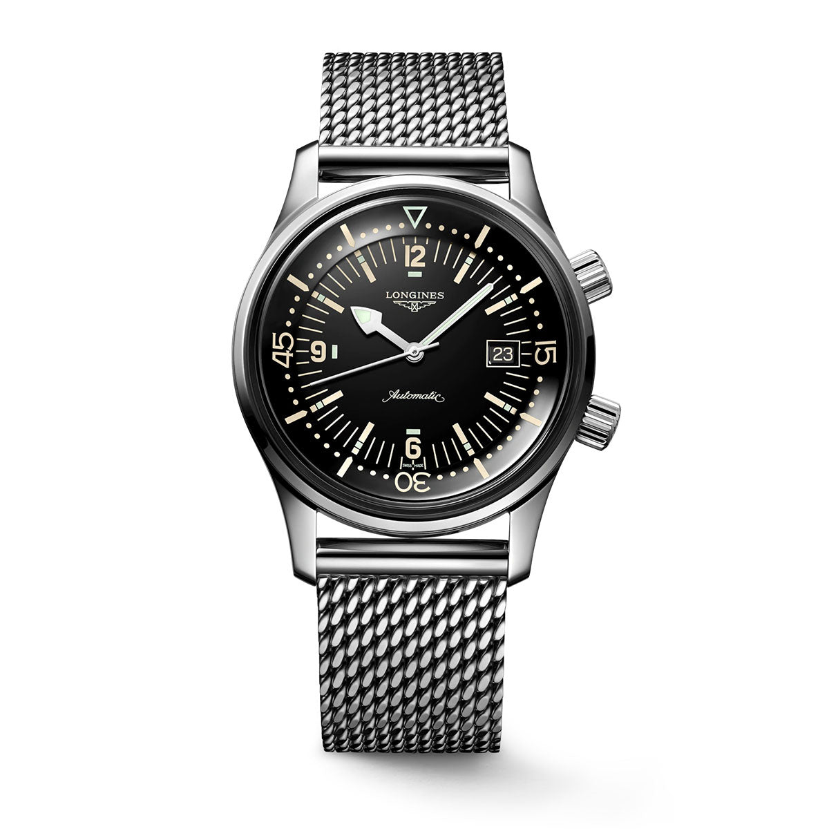 The Longines Legend Diver Automatic 42mm Watch, a luxury wristwatch and collector's piece from Longines, boasts a black dial adorned with white numerals and markers. It features a silver mesh band, dual dials on the right side, and includes a date display. This Heritage watch masterpiece is completed by silver hands with luminescent tips and a minute-marked bezel.