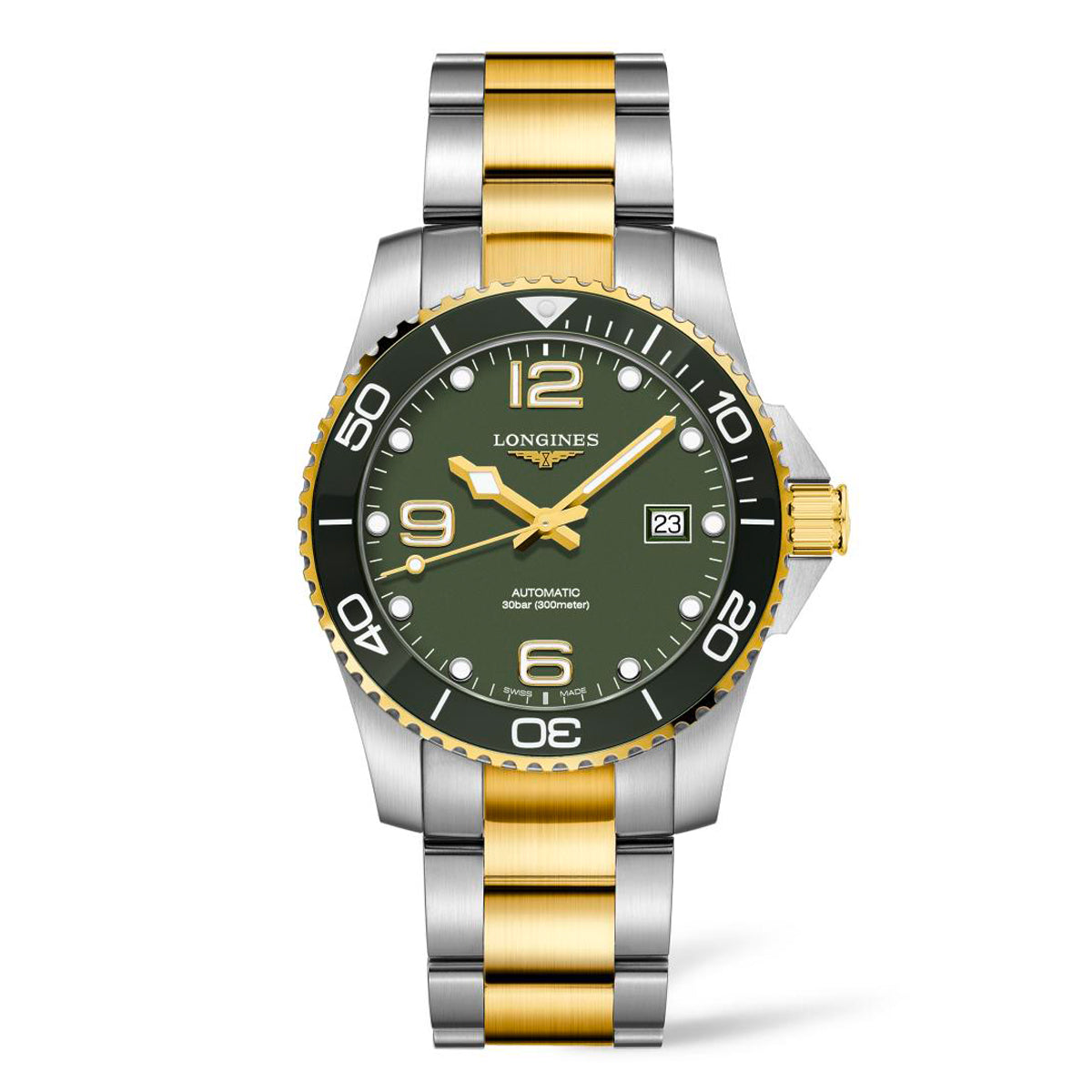 This Longines HydroConquest Automatic 41mm watch from the Sport Collection features a stunning green dial, gold bezel, and an elegant gold and silver bracelet. It boasts large numerals, a date display, and proudly displays the "Longines" brand name on its sophisticated face.