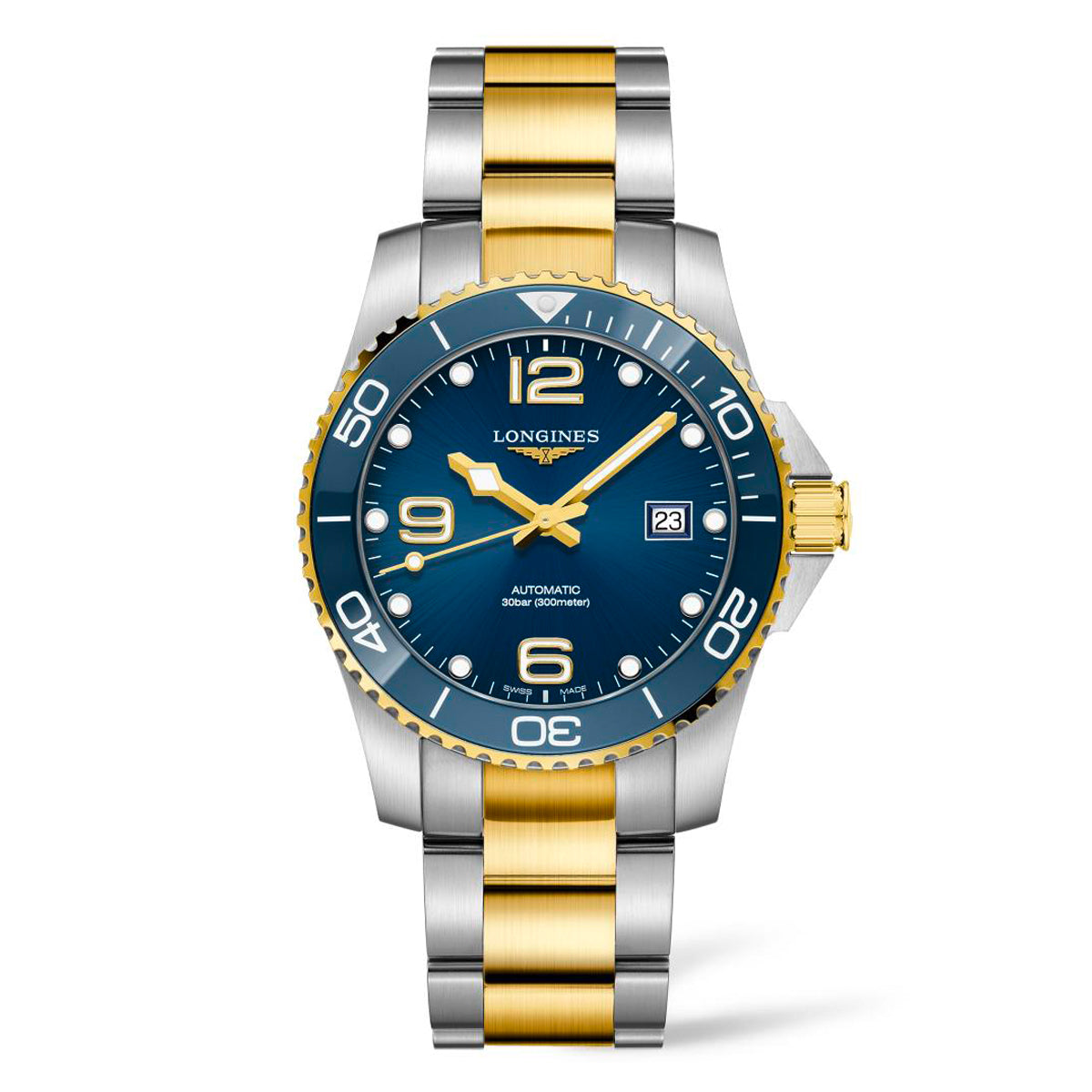 Discover the epitome of Swiss horological excellence with the Longines HydroConquest Automatic 41mm Watch. This luxury timepiece features a sophisticated silver and gold metal band, beautifully offset by a striking blue dial. As part of the renowned Longines Sport Collection, it displays white numerals, markers, and a date window at 3 o'clock, all encased within an elegant gold-toned bezel adorned with minute markers.