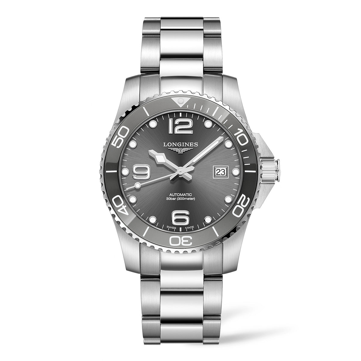 The Longines Hydroconquest Automatic 41mm Watch is a sophisticated silver metal wristwatch with a circular face, featuring prominent numerals at the 12, 6, and 9 positions. It includes a date function and a rotating bezel. The name "Longines" is elegantly displayed on the gray dial, and it boasts a sleek metal bracelet for added style.