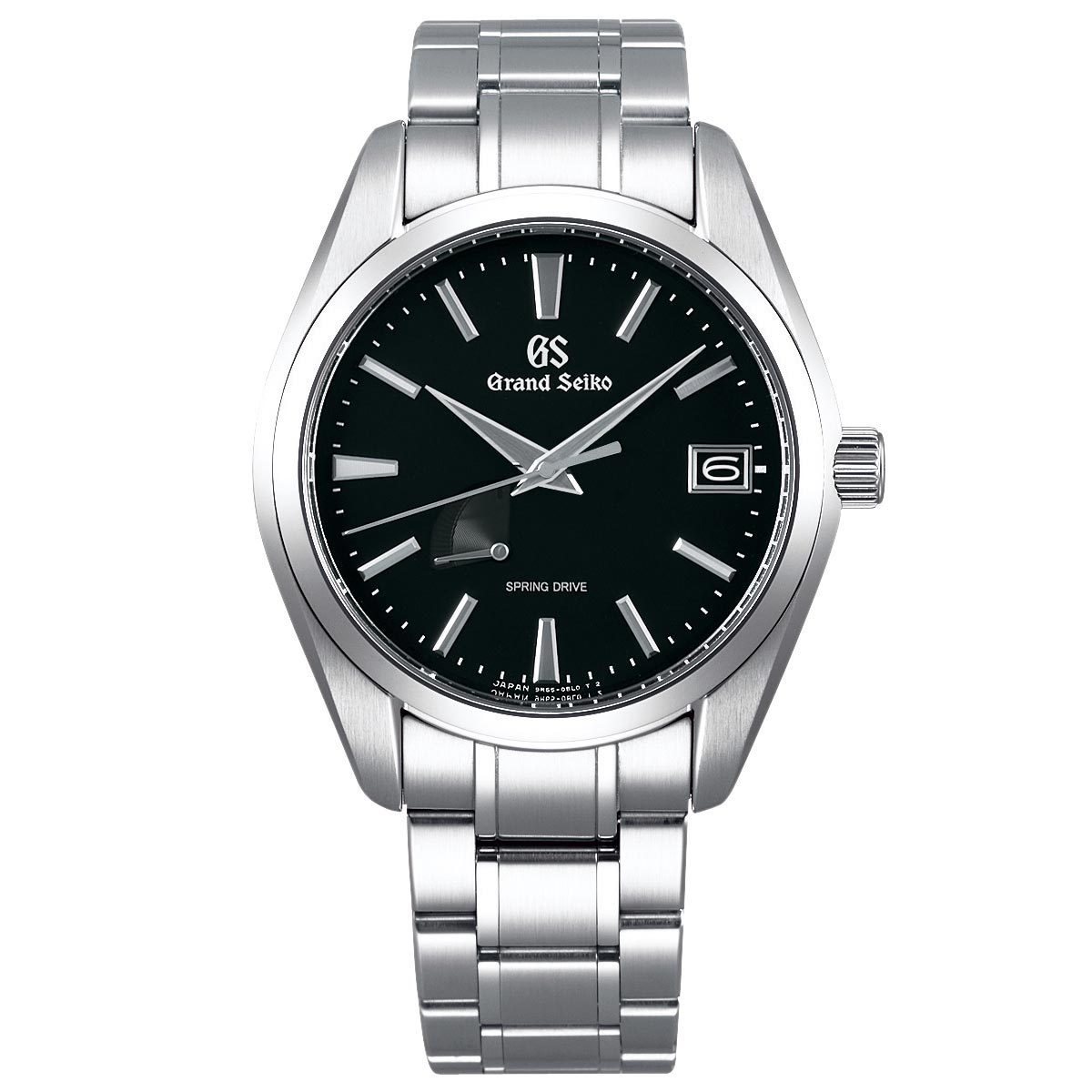 Introducing the elegant Grand Seiko Heritage Collection Spring Drive 41mm Watch. This watch features a sleek silver stainless steel band and case, complemented by a black dial adorned with silver hour markers and hands. It also includes a date window at the 3 o'clock position, embodying both elegance and modernity in its design.