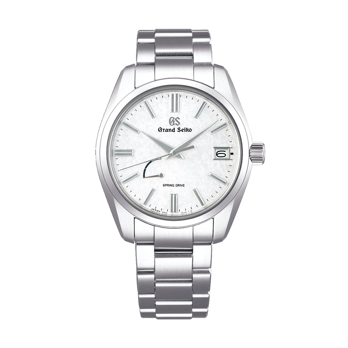 The Grand Seiko Heritage Collection Spring Drive 40mm Watch features a stainless steel case complemented by a sleek silver metal band. Its elegant face showcases silver hour markers and hands, adorned with the iconic Grand Seiko logo and a small date window at the 3 o'clock position, along with "Spring Drive" text at the bottom of this sophisticated timepiece.