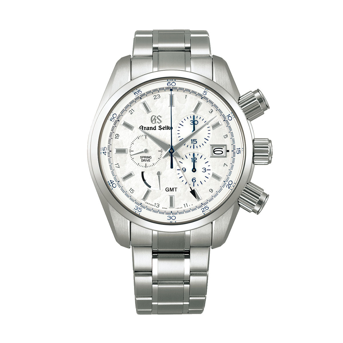 A limited edition piece from the Grand Seiko Sport Collection, this Grand Seiko Sport Collection Spring Drive Chronograph GMT 45.3mm Watch is crafted in silver stainless steel and features a white dial with three subdials, a date display, and elegant blue accents. It is powered by the Caliber 9R96 Spring Drive chronograph and includes a tachymeter on the bezel, complemented by a timeless linked bracelet design. Part of the 15th Anniversary Limited Edition, only 700 pieces have been released.