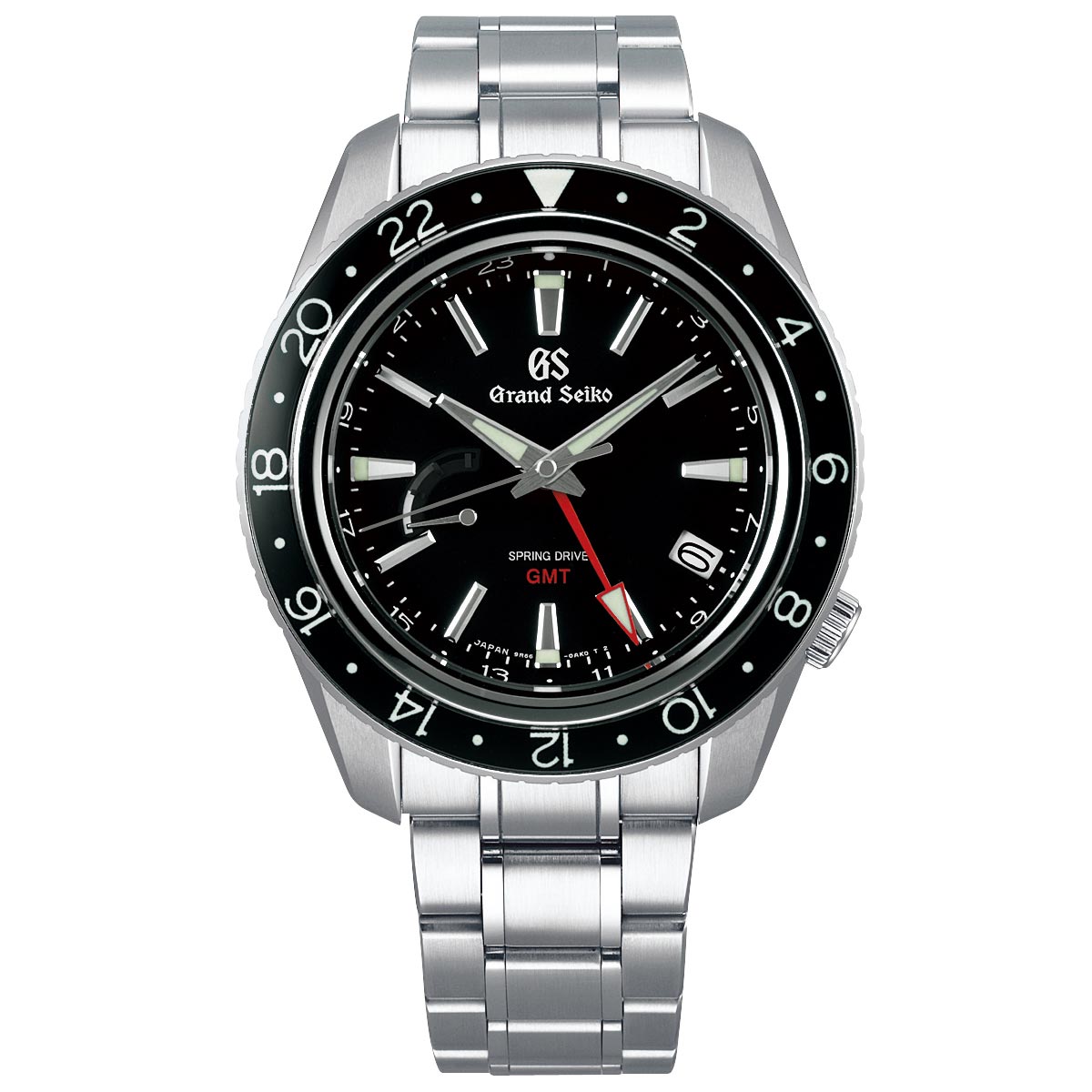 The Grand Seiko Sport Collection Spring Drive GMT 44mm Watch features a stainless steel band, a black dial, and a bezel with 24-hour markings. It includes luminous hands and markers, a date window, and a red GMT hand; the "Spring Drive" label on the dial emphasizes its exceptional GMT functionality.