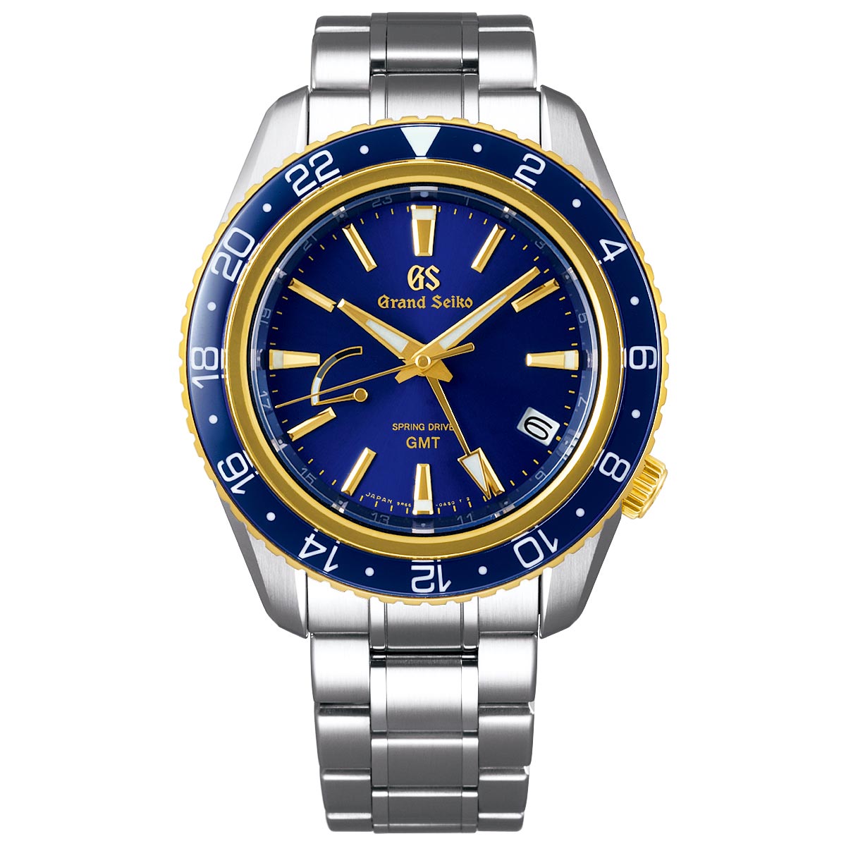 The Grand Seiko Sport Collection 18K Yellow Gold Spring Drive GMT 44mm Watch is a sophisticated timepiece featuring a stainless steel bracelet, a blue and gold bezel, and a blue dial adorned with gold hour markers. Its GMT functionality enhances its elegance, making it a standout piece in the Sport Collection.