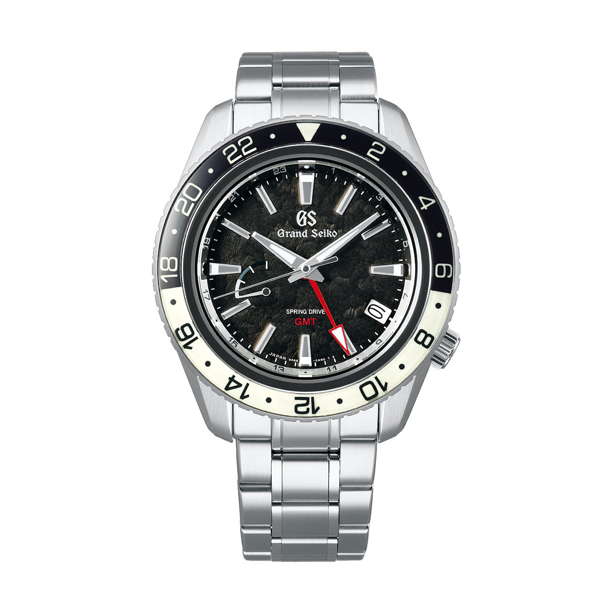 The Grand Seiko Sport Collection Spring Drive GMT 44mm Watch showcases a stainless steel band and a rock-pattern dial with white hour markers, alongside a vibrant red GMT hand. It features a black and white bezel with 24-hour markings, embodying sophisticated GMT functionality in this exquisite timepiece.