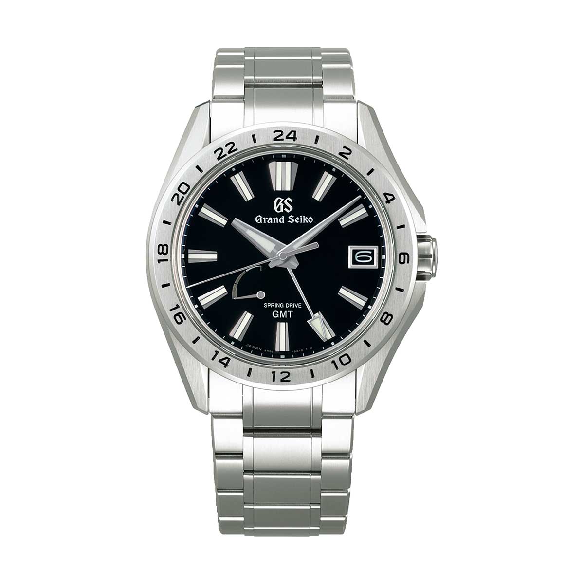 The Grand Seiko Evolution 9 Collection High-Intensity Titanium Spring Drive GMT 41mm watch combines sleek design with a black dial and high-intensity titanium band and case. It features luminescent hands and markers, a date display at 3 o'clock, and a 24-hour bezel for precise timekeeping.