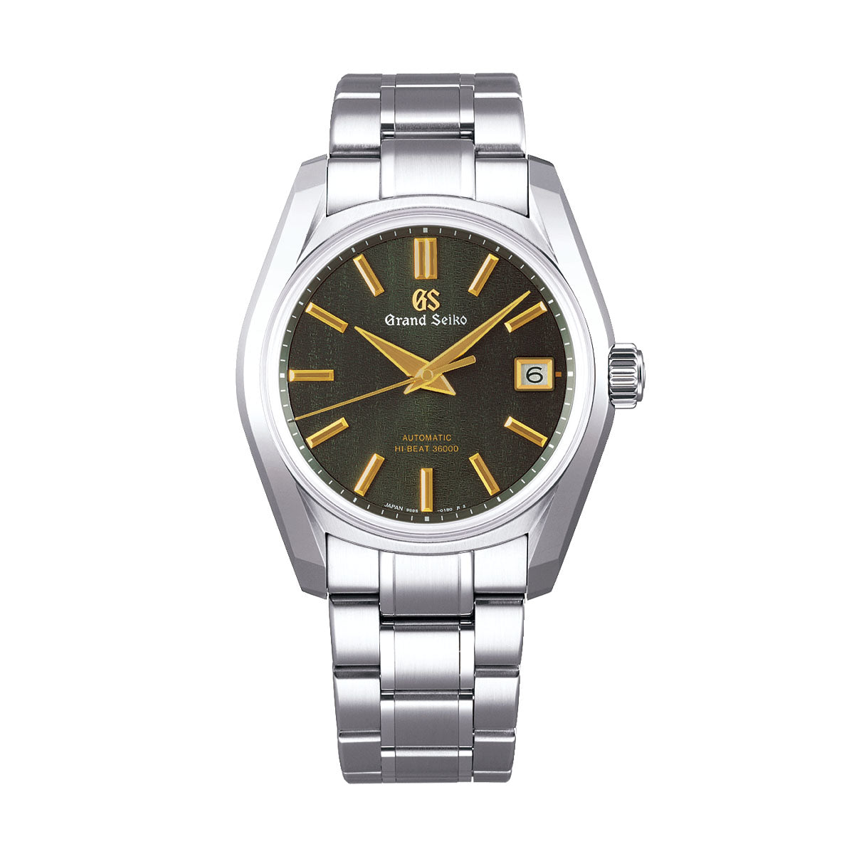 The Grand Seiko Heritage Collection 62GS RIKKA Automatic with Manual Winding Mechanical Hi-Beat 36000 40mm Watch showcases a silver metal band and case. Its dark face is adorned with gold hour markers and hands, enhanced by Zaratsu polishing. The watch includes a date display at the 3 o'clock position, along with "Grand Seiko" and "Automatic Hi-Beat 36000" inscribed.