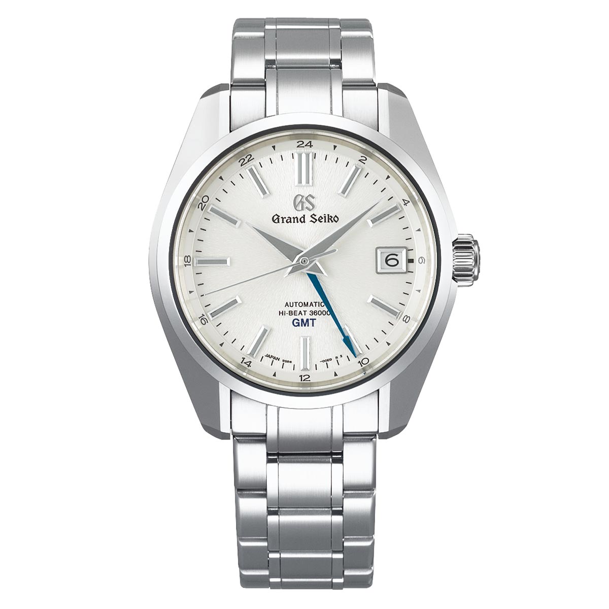 This Grand Seiko Heritage Collection 44GS MT. IWATE watch features a silver stainless steel bracelet and a white dial adorned with the elegant Mount Iwate pattern. It includes a date window at 3 o'clock, a GMT hand, and luminous markers, highlighting "Automatic Hi-Beat 36000 GMT" on the 40mm dial.