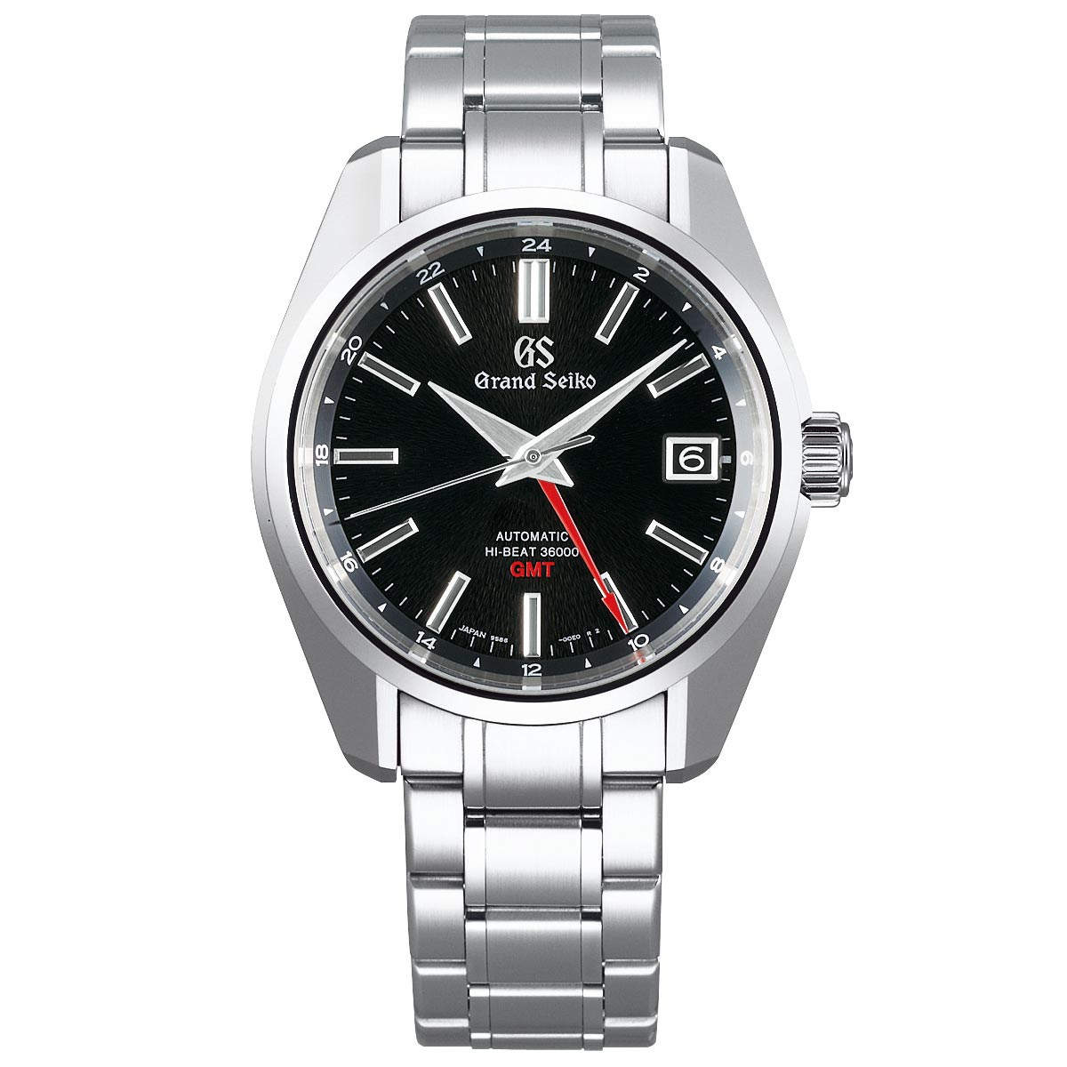 The Grand Seiko Heritage Collection 44GS MT. IWATE Automatic with Manual Winding Mechanical Hi-Beat 36000 GMT 40mm Watch features a captivating black dial adorned with silver hour markers and an elegant Mount Iwate pattern. The dial displays "Grand Seiko," "Automatic," "Hi-Beat 36000," and a red "GMT" marking, along with a date window positioned at 3 o'clock, all complemented by a stylish silver metal bracelet.