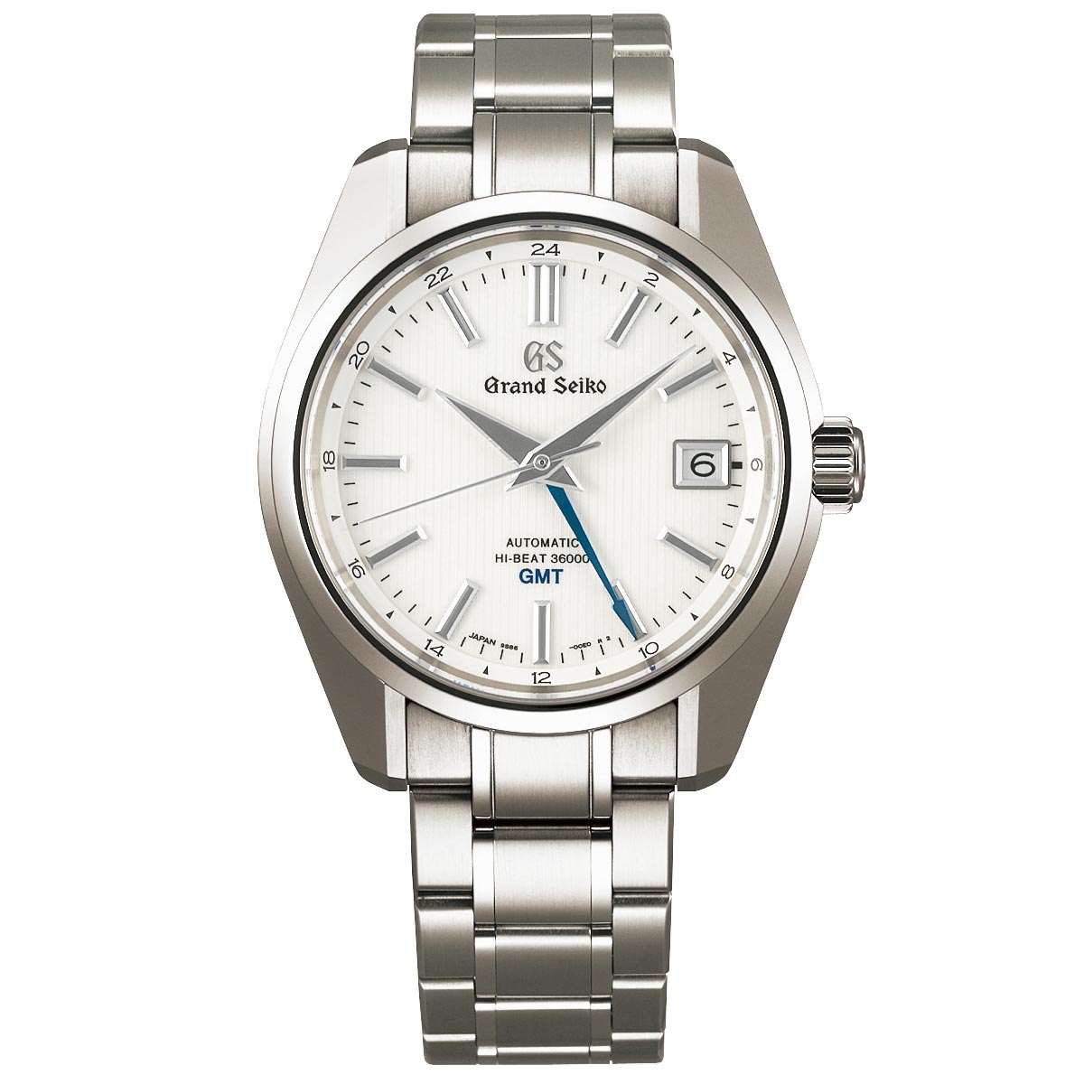 The Grand Seiko Heritage Collection High-Intensity Titanium Automatic 40mm Watch showcases a silver stainless steel band paired with a titanium case. It features a scratch-resistant white dial adorned with dark hour markers and hands, complemented by a date window at the 3 o'clock position and includes a GMT function. The dial is inscribed with "AUTOMATIC HI-BEAT 36000.
