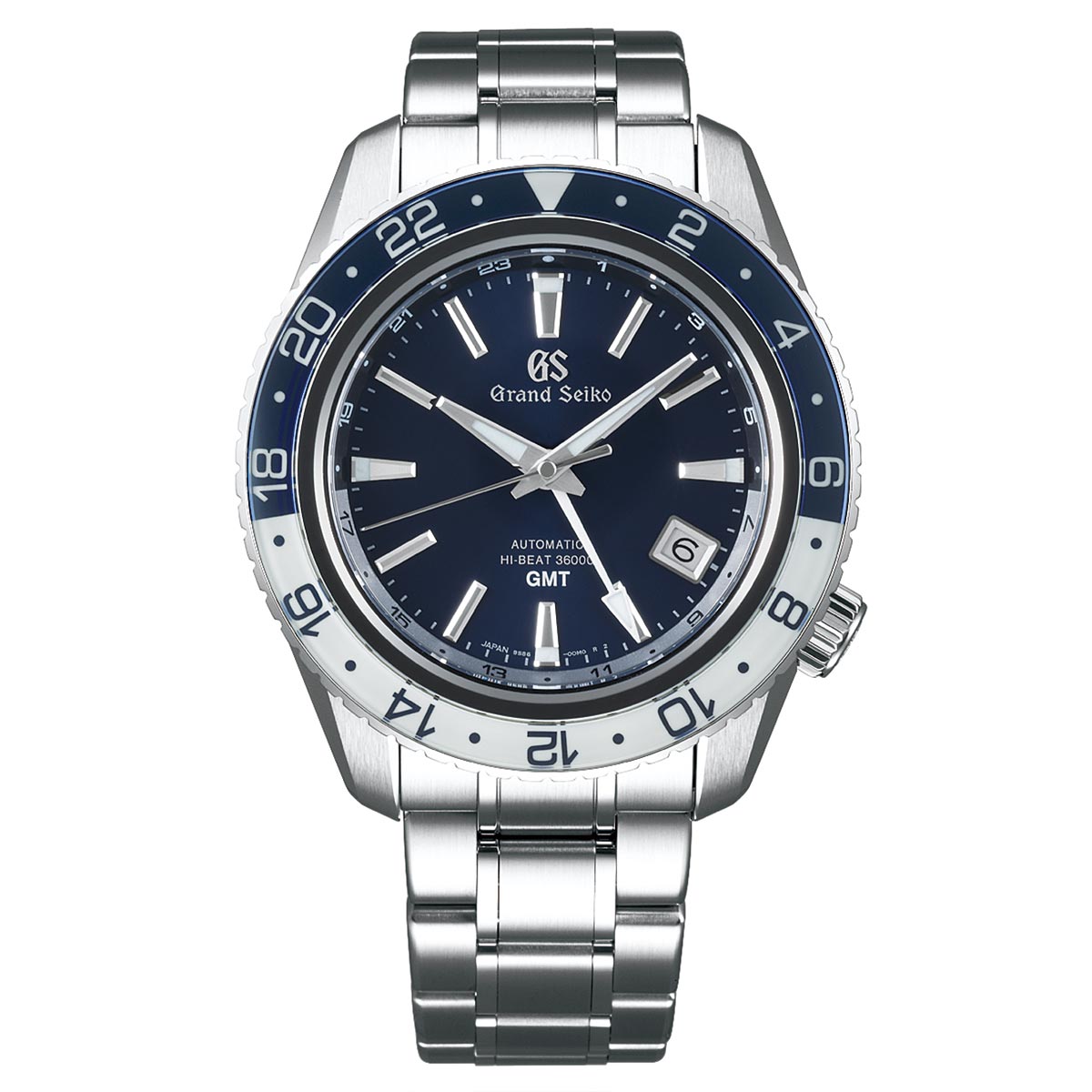 Discover the Grand Seiko Sport Collection with this GMT wristwatch, known as the Automatic with Manual Winding Mechanical Hi-Beat 36000 Triple Time Zone model. It features a stainless steel band and an eye-catching dark blue dial. Enjoy the sophisticated silver hour markers, date window positioned at 4 o'clock, and durable hands. The bezel enhances functionality with its 24-hour scale in refined blue and silver shades.