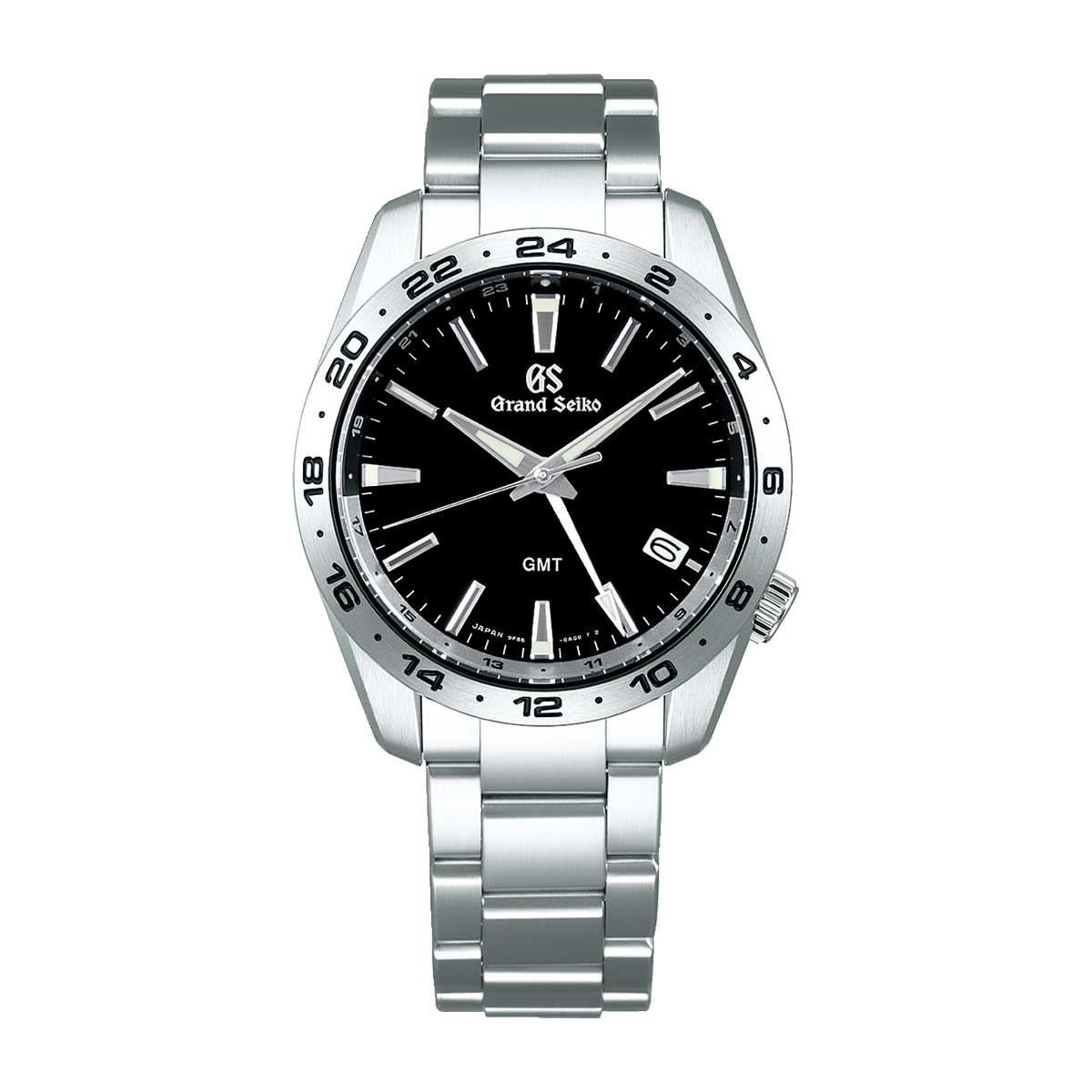 The Grand Seiko Sport Collection 9F Quartz GMT 39mm Watch from Grand Seiko offers exceptional precision with its stainless steel bracelet and bezel. It showcases a black dial with silver hour markers, a date window at the 3 o'clock position, and a 24-hour scale on the bezel.