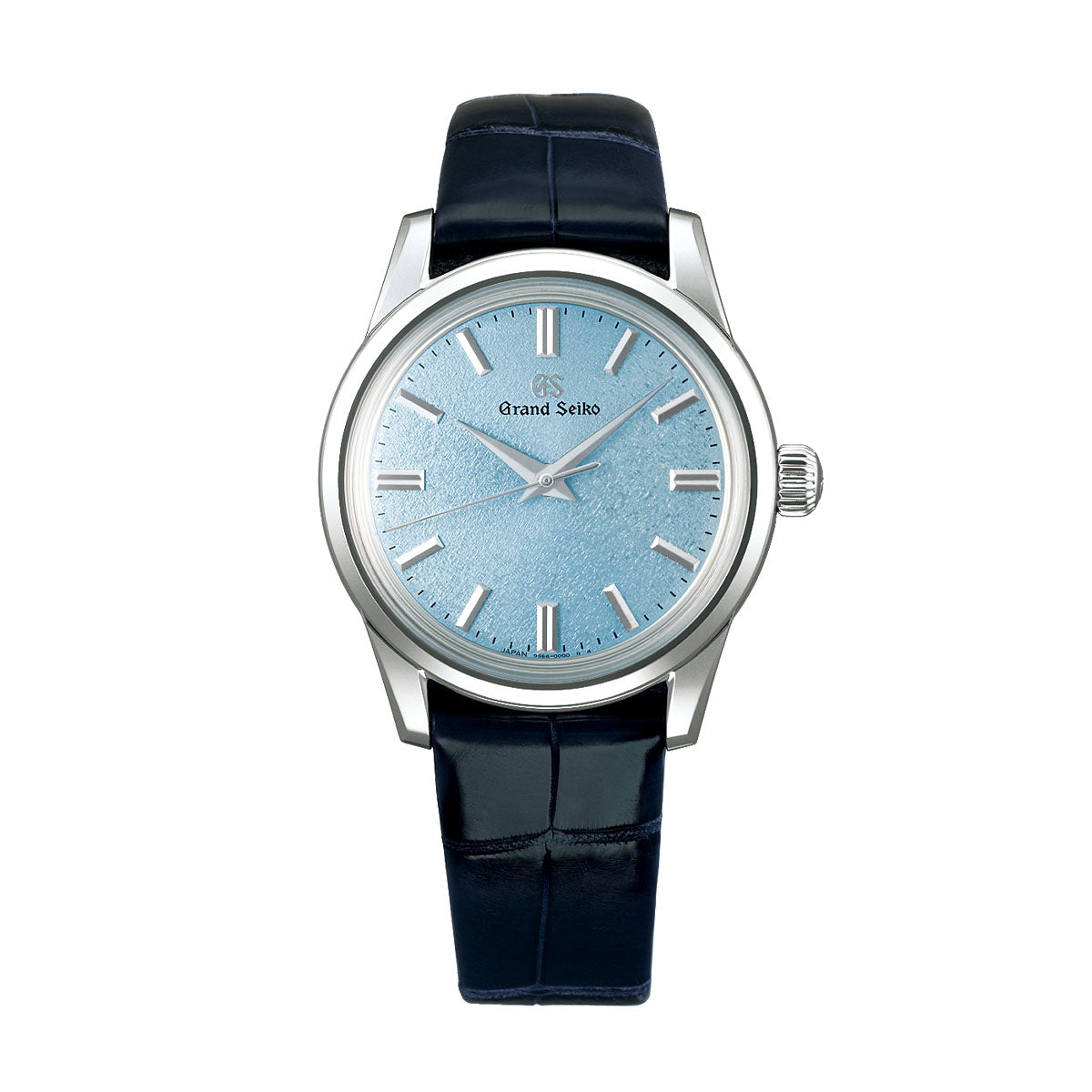 The Grand Seiko Elegance Collection Manual Winding 3-day Power Reserve 37.3mm Watch features a light blue textured dial with silver hour markers and hands. It is powered by the precise Caliber 9S64 movement, housed in a polished stainless steel case, and comes with a dark blue leather strap.