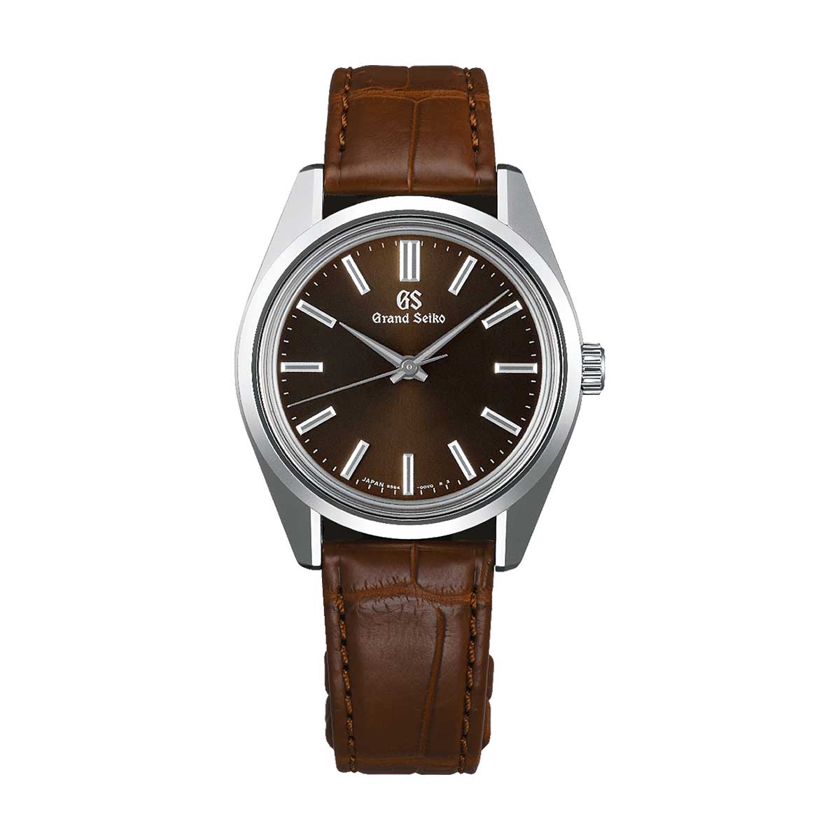 This Grand Seiko Heritage Collection 44GS Manual Winding 3-day Power Reserve 36.5mm Watch features a brown dial with silver indices and is encased in stainless steel. Its minimalist elegance is completed with a brown leather strap, embodying the iconic design of the brand.