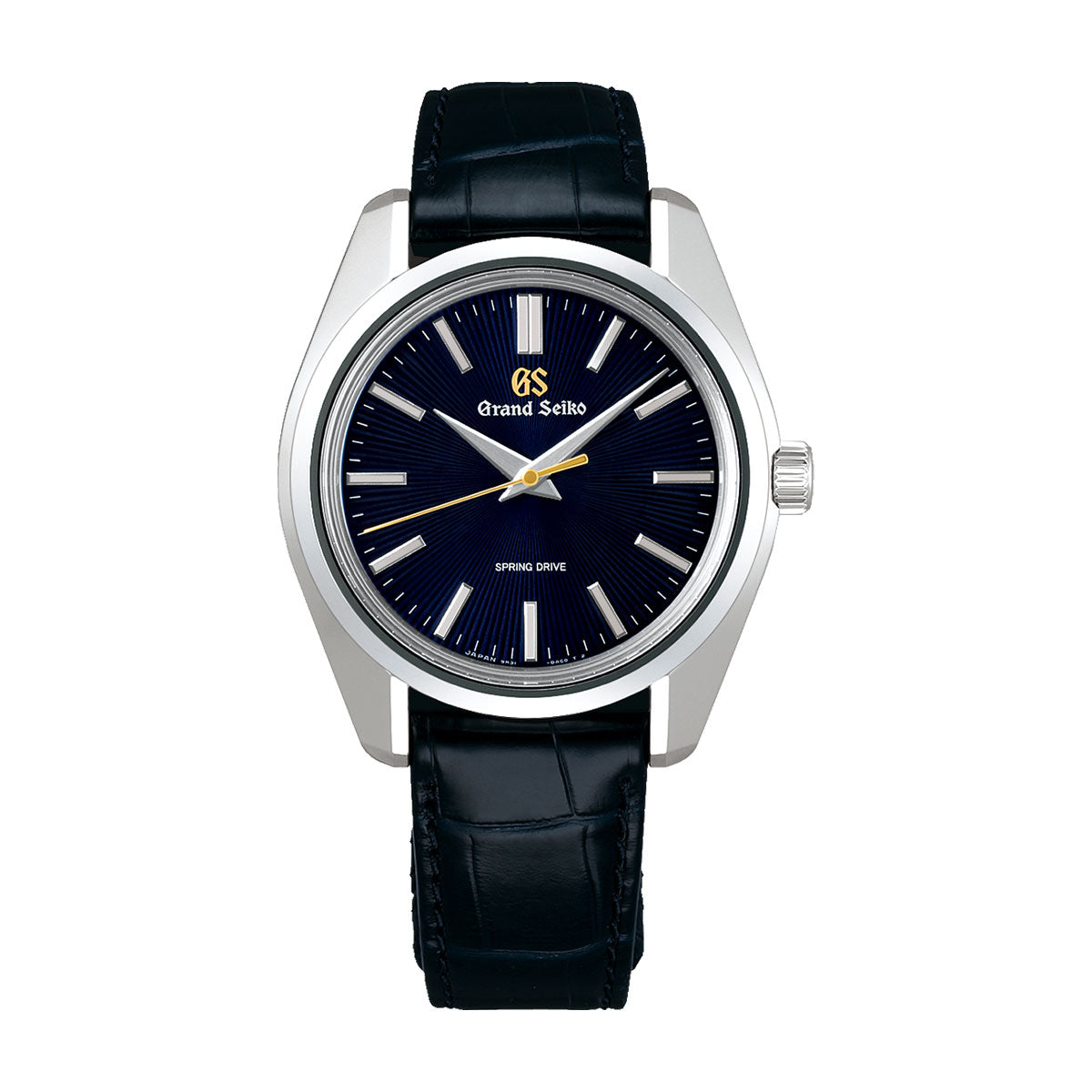 A detailed view of the Grand Seiko Heritage Collection Manual Winding Spring Drive 3-day Power Reserve 40mm Watch 44GS, part of a 1,500-piece limited edition to celebrate the brand's 55th anniversary, showcases a deep blue dial that evokes the night sky. This stylish timepiece features silver hands and markers within a sleek silver case, complemented by a black leather strap. The distinctive gold Grand Seiko logo is prominently displayed beneath the 12 o'clock position.