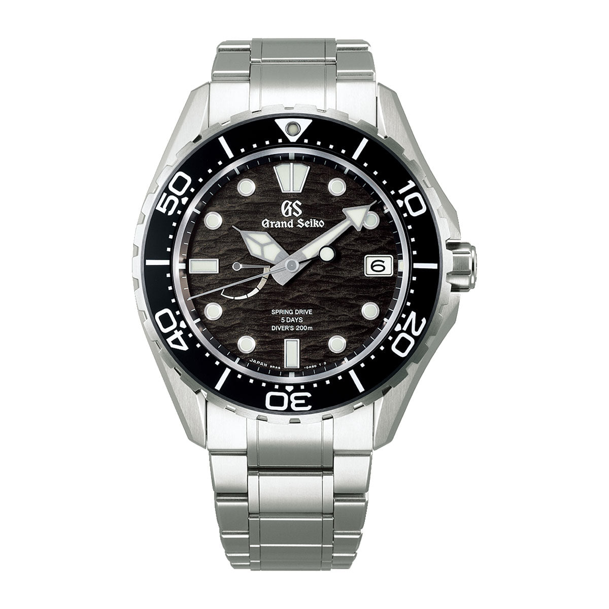 This Grand Seiko Evolution 9 Collection Diver's 200m watch showcases a textured black dial with large white hour markers. Powered by the Spring Drive Caliber 9RA5, it features a black bezel with white numerals and a date window at the 3 o'clock position. Constructed from high-intensity titanium, it includes a metal link bracelet and has its crown on the right side.