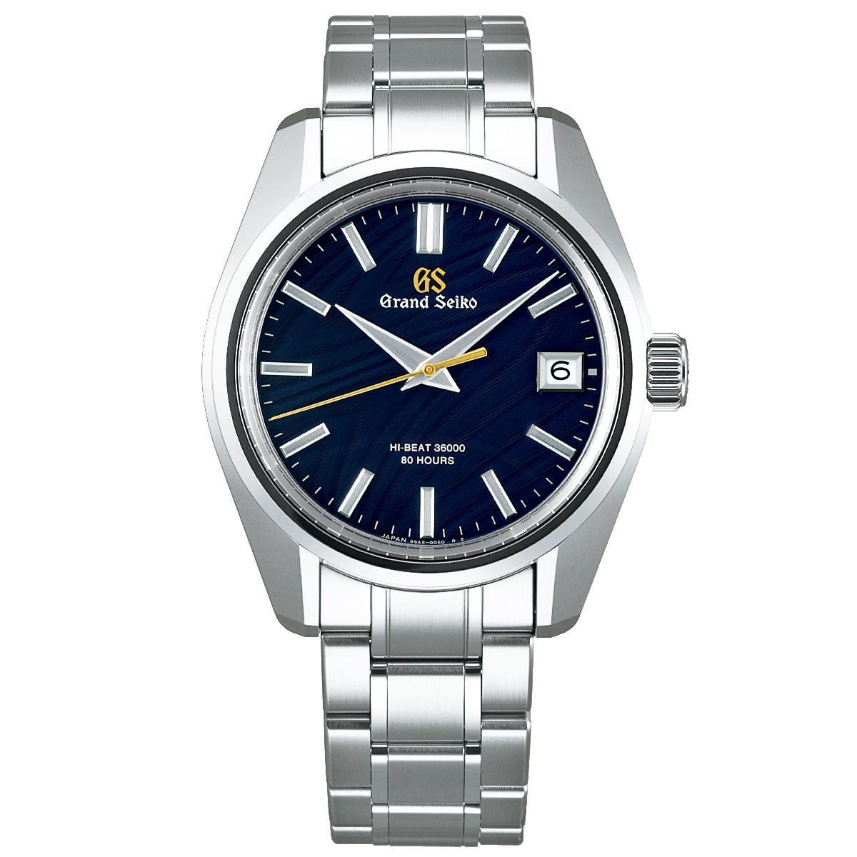 The Grand Seiko Heritage Collection 44GS Automatic with Manual Winding Hi-Beat 36000 40mm 55th Anniversary Limited Edition of 550 Pieces features an Ever-Brilliant Steel band and a round blue dial. It includes elegant silver hour markers, a date window at the 3 o'clock position, and displays "Grand Seiko," "Hi-Beat 36000," and "80 Hours" on the dial, achieving a timeless blend of style and innovation.