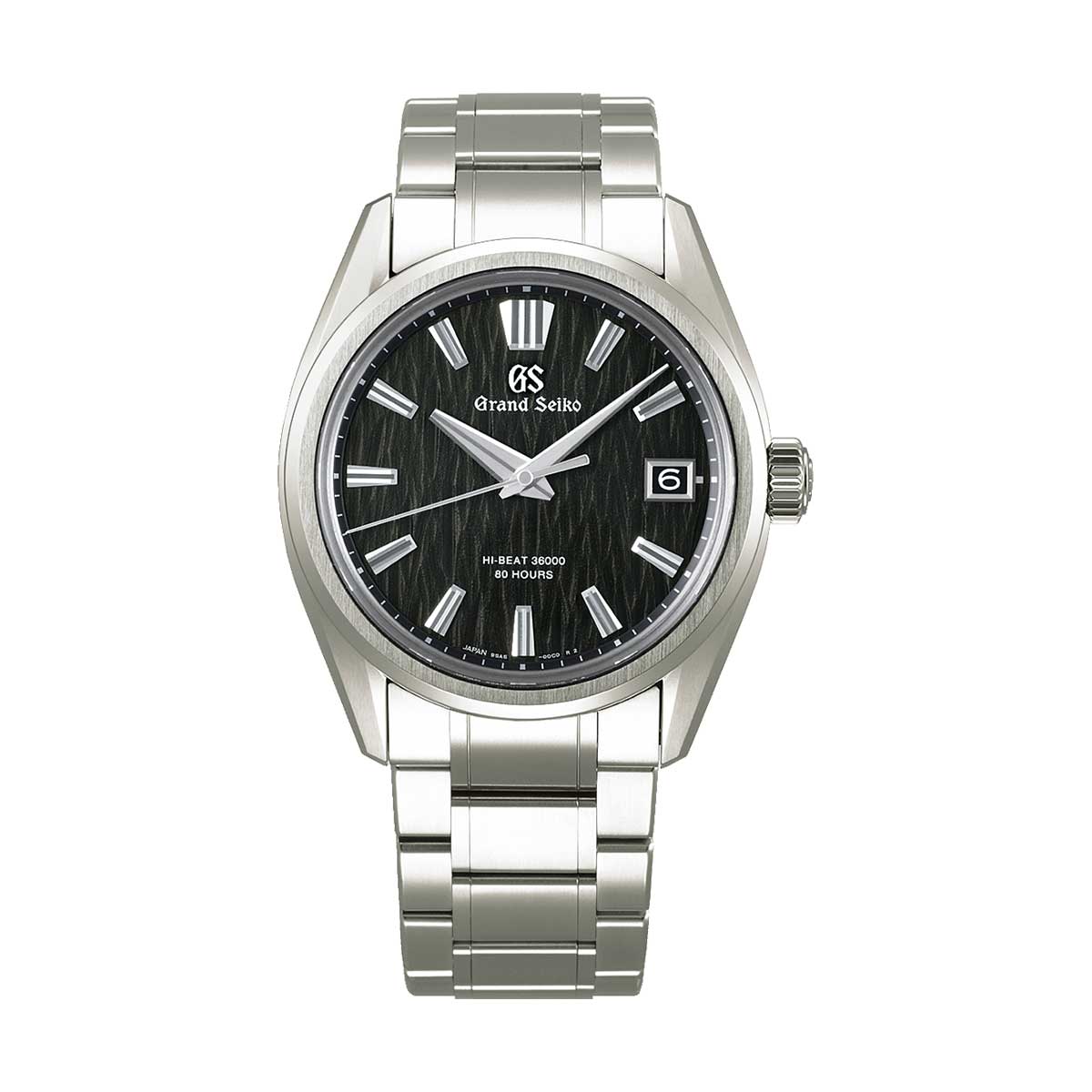 The Grand Seiko Evolution 9 Collection High-Intensity Titanium Automatic with Manual Winding Hi-Beat 36000 watch showcases a high-intensity titanium design and features a textured green dial with silver hour markers, a date display at 3 o'clock, and a sleek silver bezel, all set elegantly against its sophisticated backdrop.