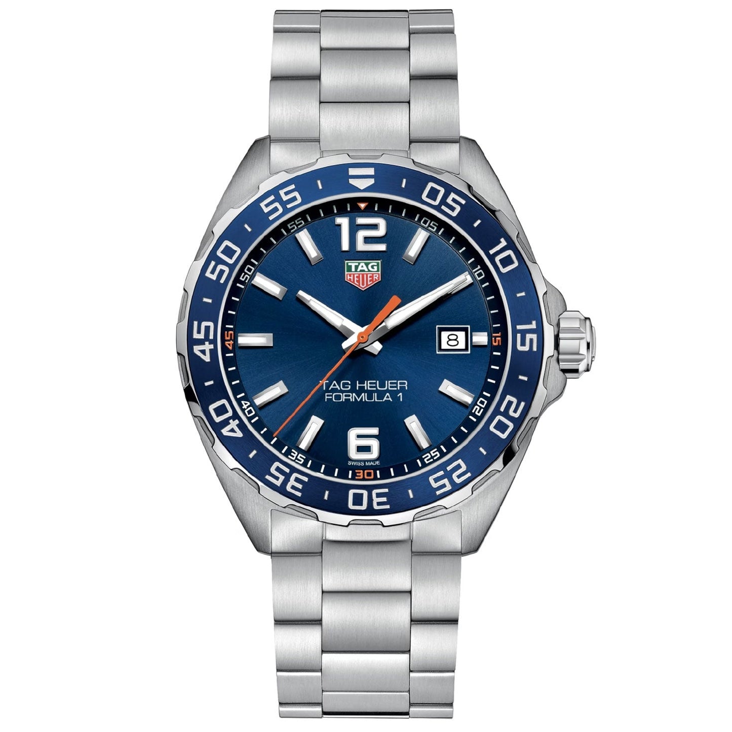 Introducing the TAG Heuer Formula 1 Date Quartz 43mm Watch—a silver timepiece by TAG Heuer featuring a striking sunray blue dial, date display, silver hour markers, and a robust steel bracelet. Its blue bezel with bold white numerals captures the iconic signature style of TAG Heuer.